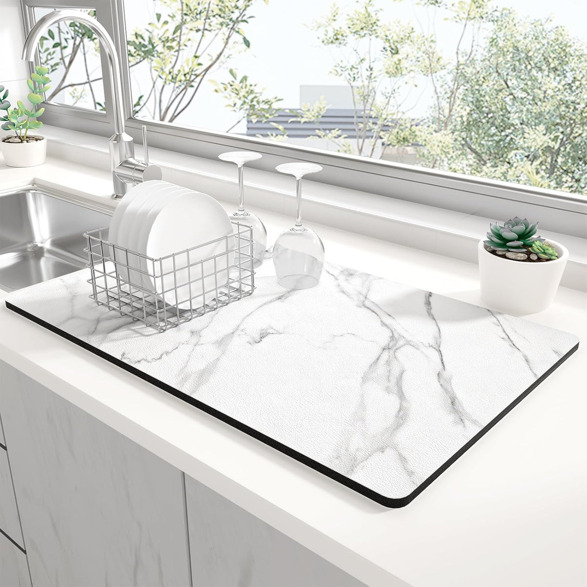 Rnivvi Dish Drying Mat for Kitchen Counter, 12 x 19" Cute Marble Super Absorbent Draining Pad, Non-Slip Heat Resistant Coffee Bar Mats for Coffee Machine Station Accessories, White Dish Rack Pad