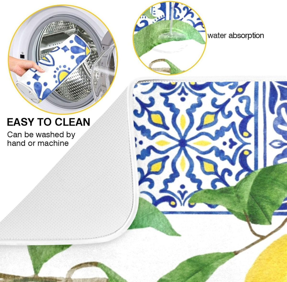 Lemon Blue Tiles Dish Drying Mat for Kitchen Counter Absorbent Microfiber Drying Pad, Medium 16x18 in, Reversible Drainer Mats