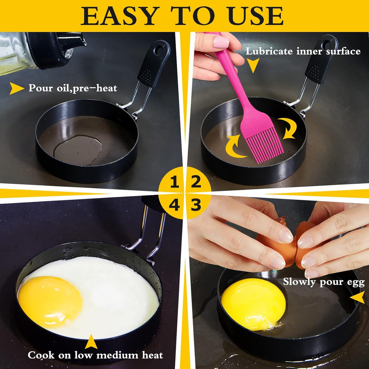 4'' Round+Square Egg Rings Set with Silicone Handle, Stainless Steel Egg Cooking Rings，Nonstick，For Frying Eggs and Egg Mcmuffins, Egg Mold For Breakfast