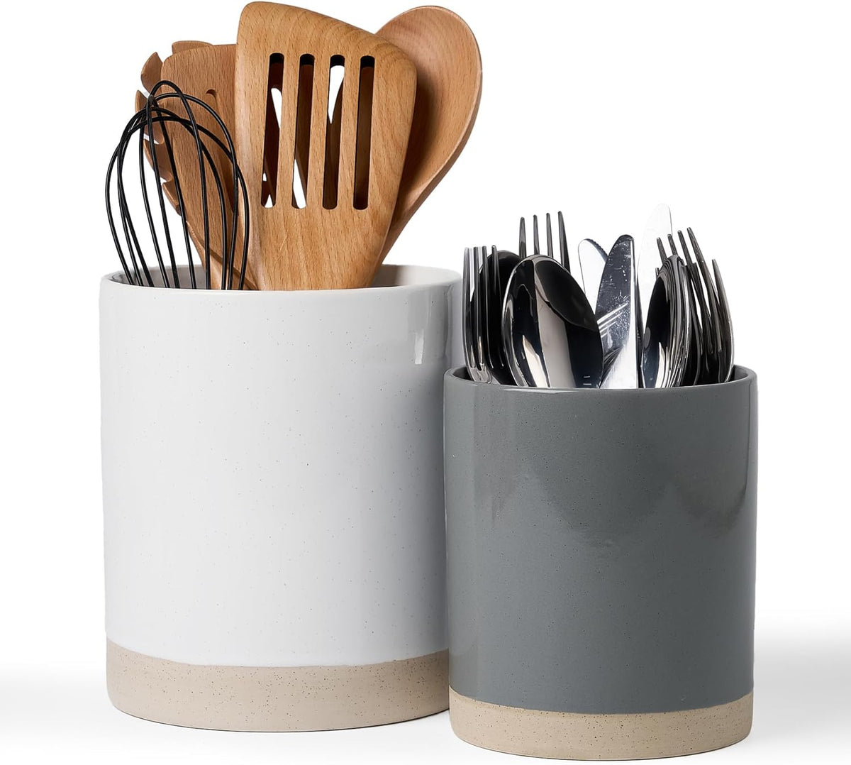 famiware Milkyway Kitchen Utensil Holder for Countertop, Ceramic Cooking Utensil Crocks for Kitchen Counter, Utensil Organizer for Spatula & Spoon, Set of 2, White and Dark Gray