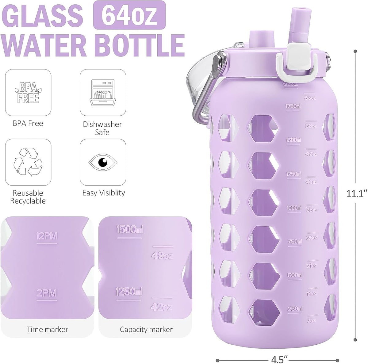 MUKOKO 64oz Glass Water Bottles with Straw and Lid,Half Gallon Water Bottle with Time Marker,Large Glass Water Jug with Silicone Sleeve and Stainless Steel Handle-Purple