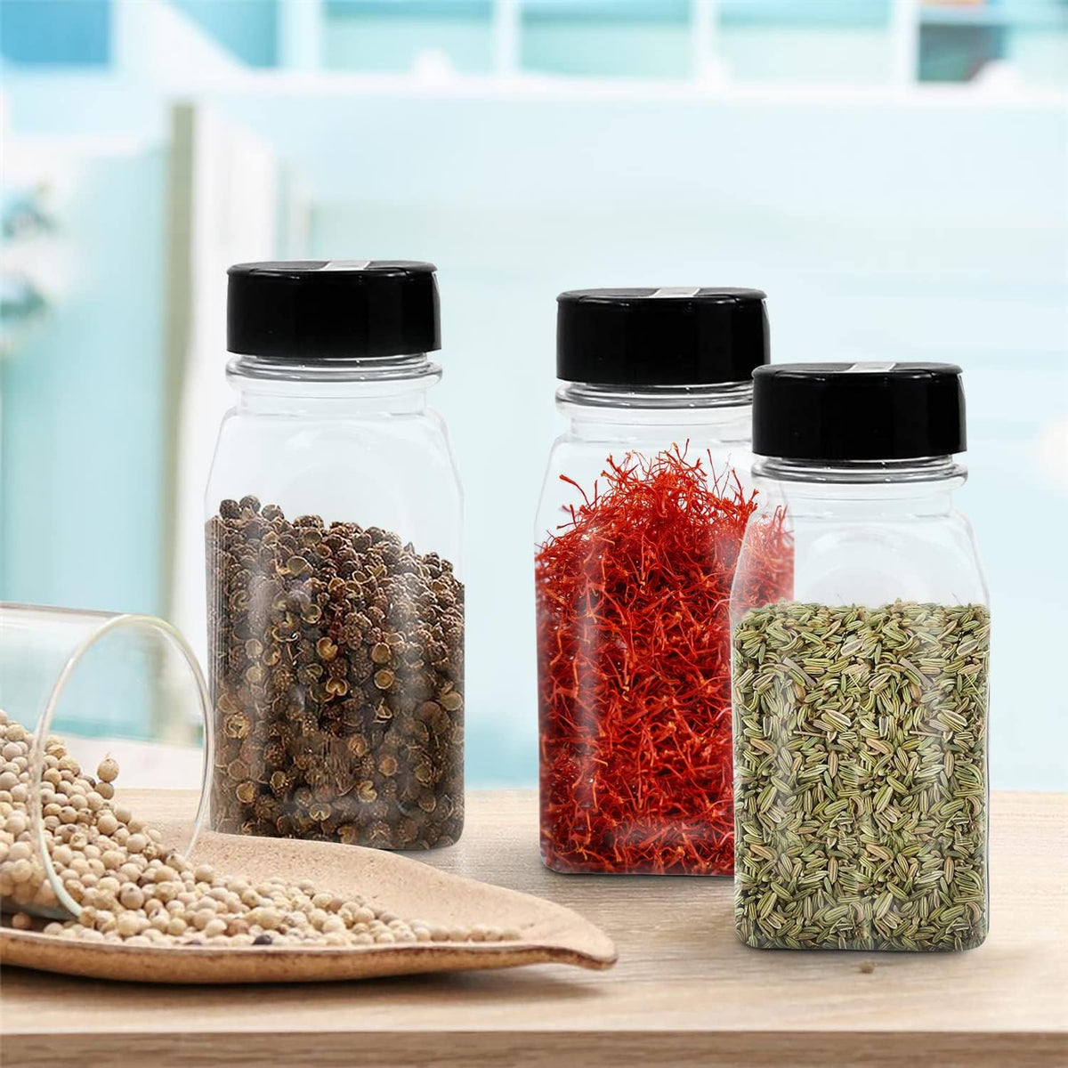 RoyalHouse 6 Pack 9.5 Oz Plastic Spice Jars with Black Cap, Clear and Safe Plastic Bottle Containers with Shaker Lids for Storing Spice, Herbs and Seasoning Powders, BPA Free, Made in USA