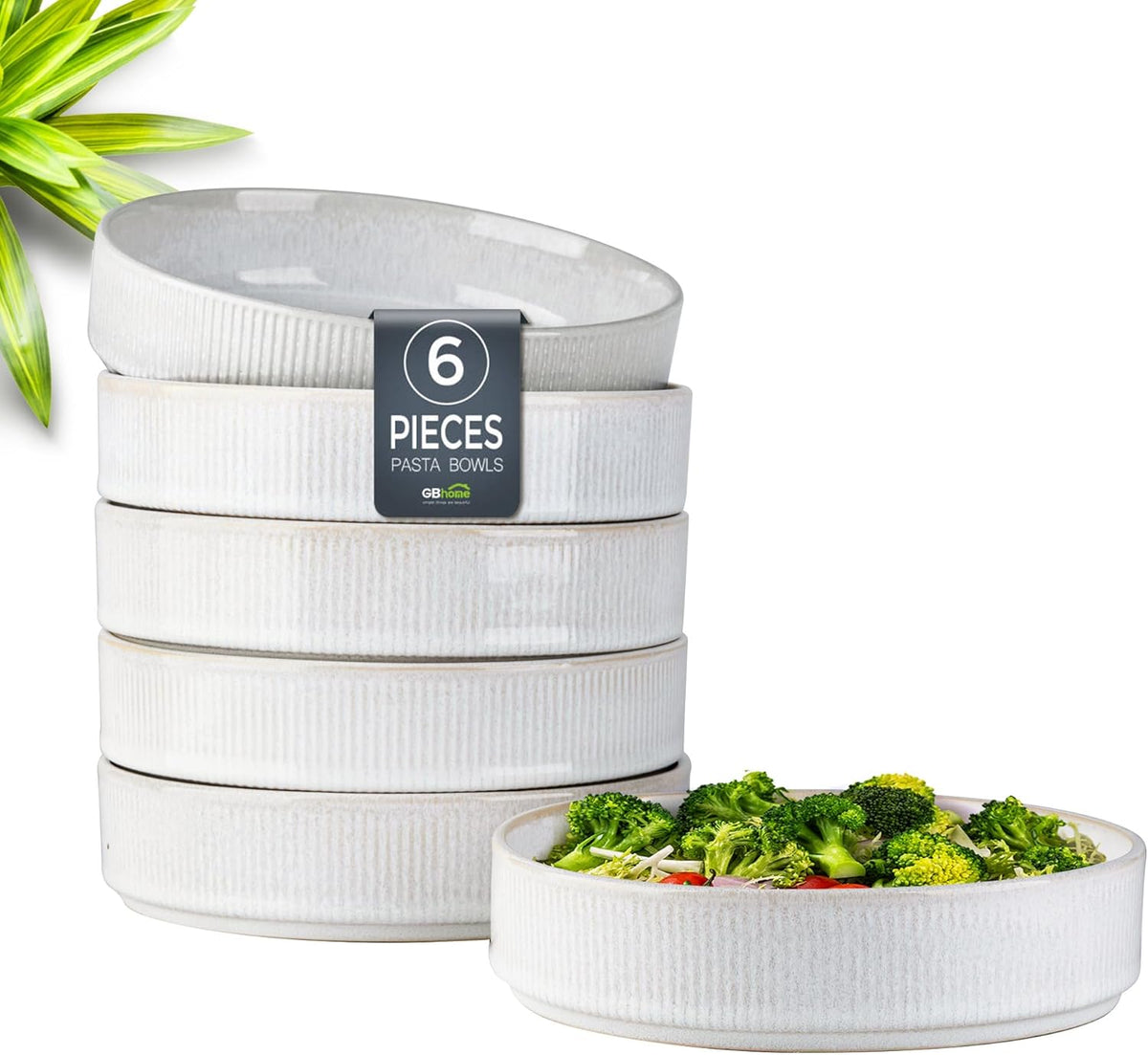 GBHOME 7.5'' Stoneware Pasta Bowls, Serving Bowls Set of 6 for Kitchen, Double Reactive Glaze Bowls for Fruit,Pasta,Salad,Oatmeal,Meal, Microwave Safe (6 pcs)