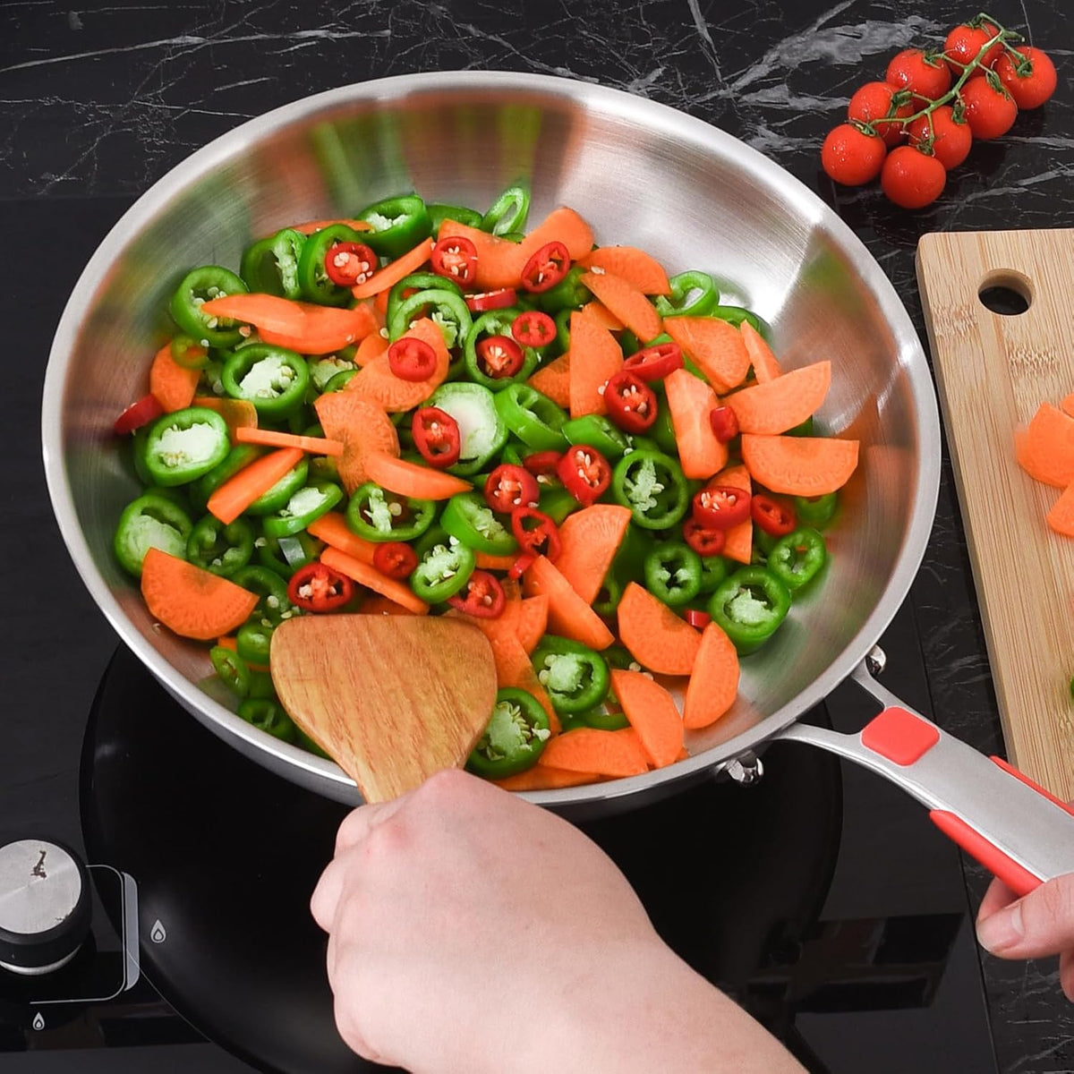 Inqibee 12 Inch Tri-Ply Stainless Steel Frying Pan with Lid,Skillet,Induction Cooking Pan,Dishwasher Safe,Detachable Large Handle