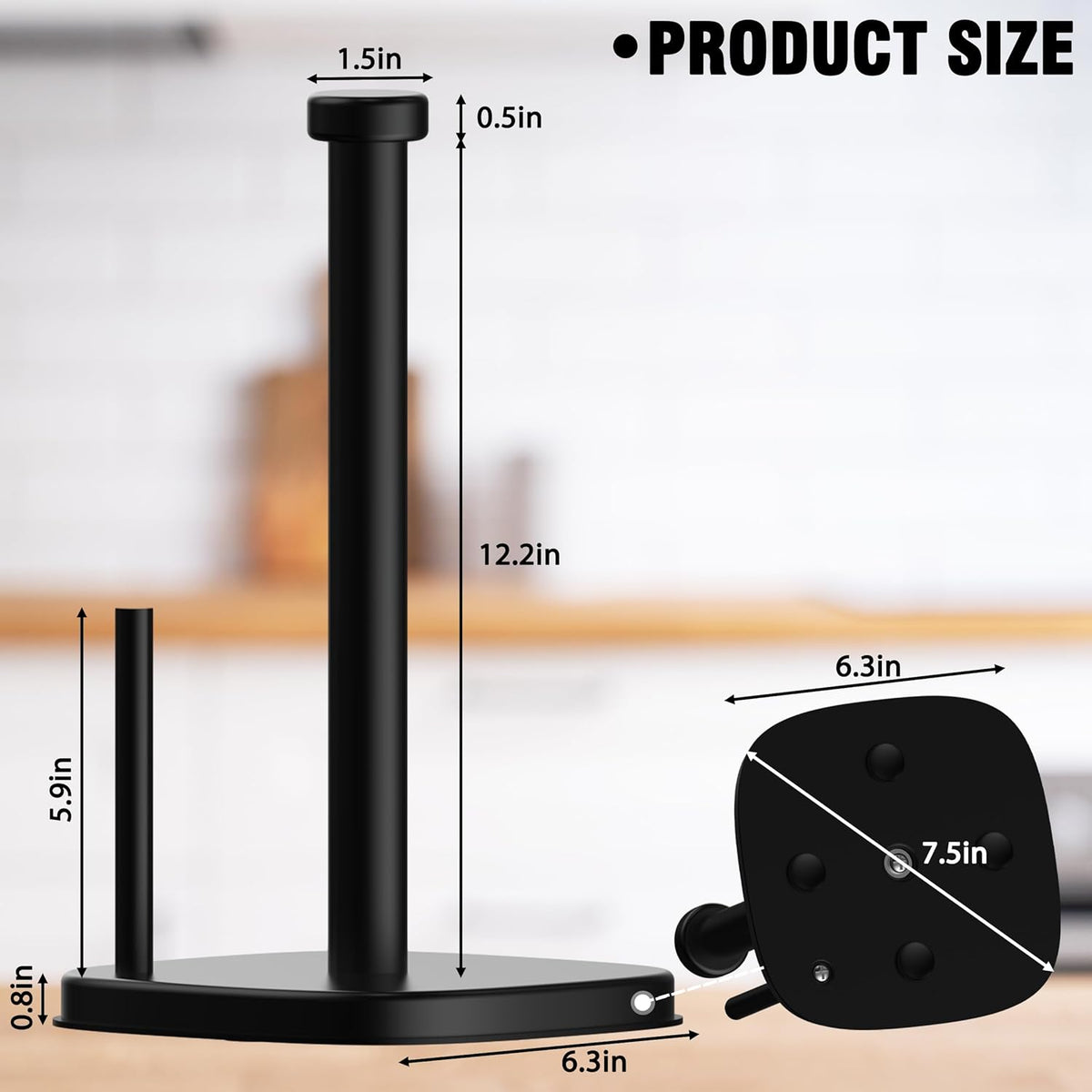 Paper Towel Holder Countertop, Standing Paper Towel Roll Holder for Kitchen Bathroom Organize, Stand with Weighted Base Suction Cups, Stainless Steel One-Handed Operation (Matte Black)