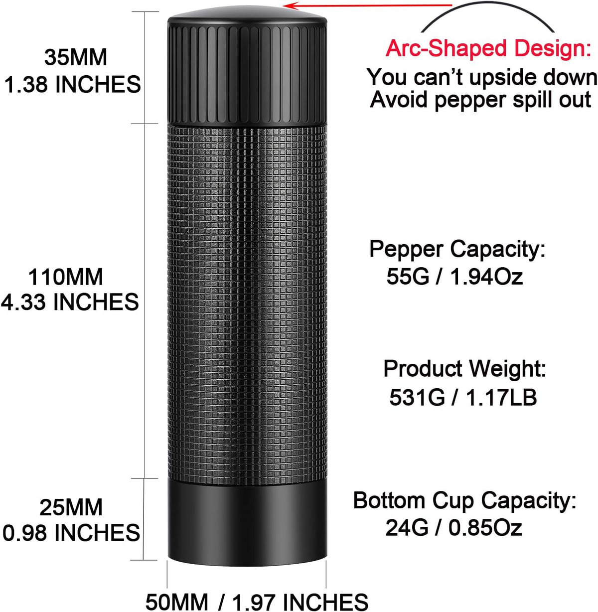 ARKNOAH Premium Pepper Grinder - Adjustable Coarseness with Aircraft-Grade Aluminum Body and Stainless Steel Blades-Refillable Manual Pepper Mill for Professional Kitchens & Commercial Use