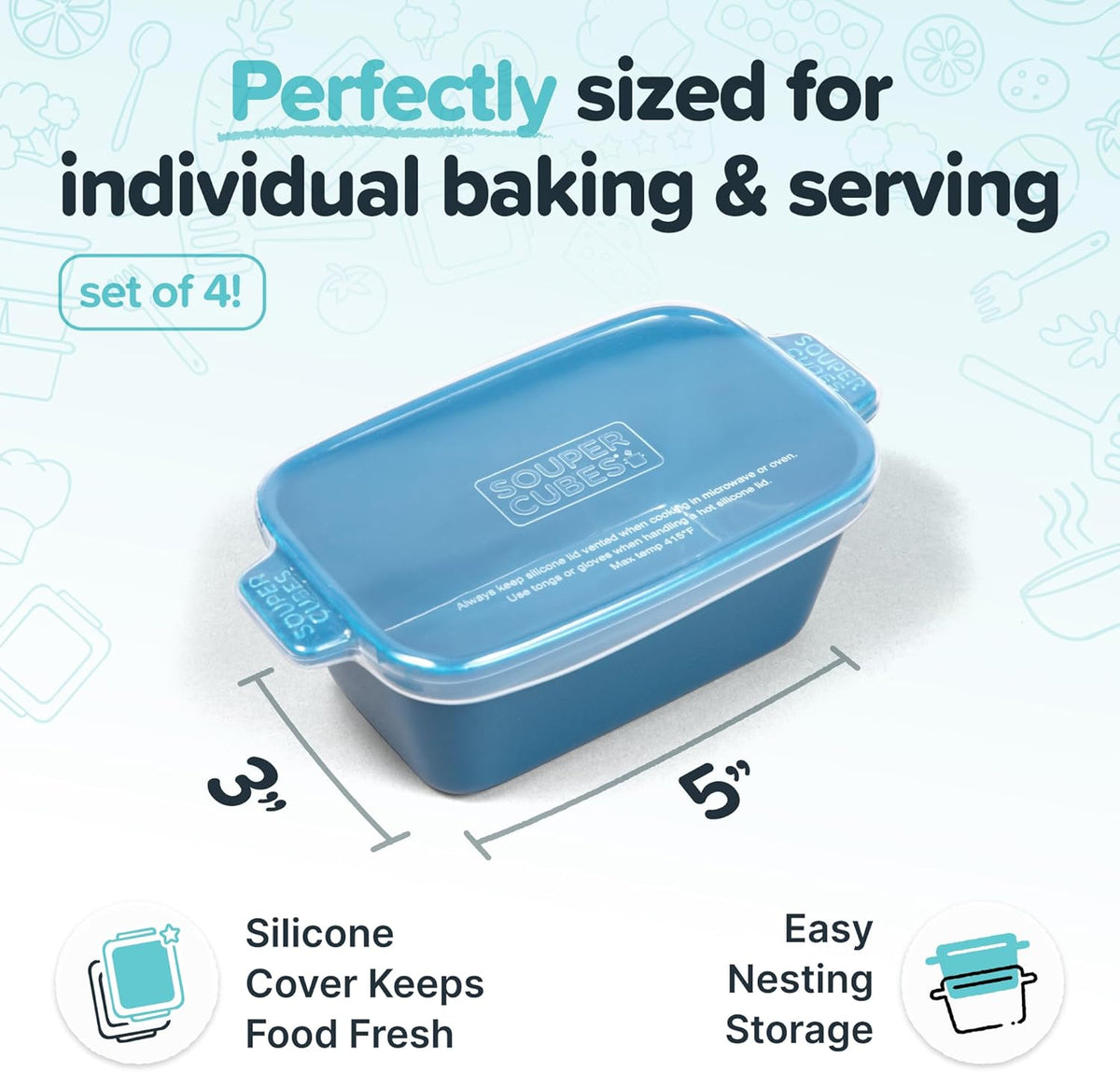 Souper Cubes Stoneware - Small Ceramic 5" x 3" Baking Dish with Silicone Covers, Small Baking Dishes for Oven Perfect for Reheating Single Serve Portions, Set of 4 - Blueberry