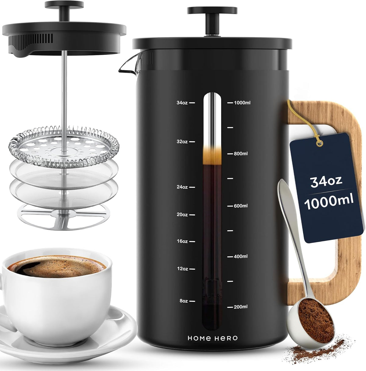 Home Hero French Press Coffee Maker - 34 oz Coffee Press with Bamboo Wood Handle, Heat Resistant Thick Borosilicate Glass French Presses, 4 Layer Filter, French Press Stainless Steel (Black)