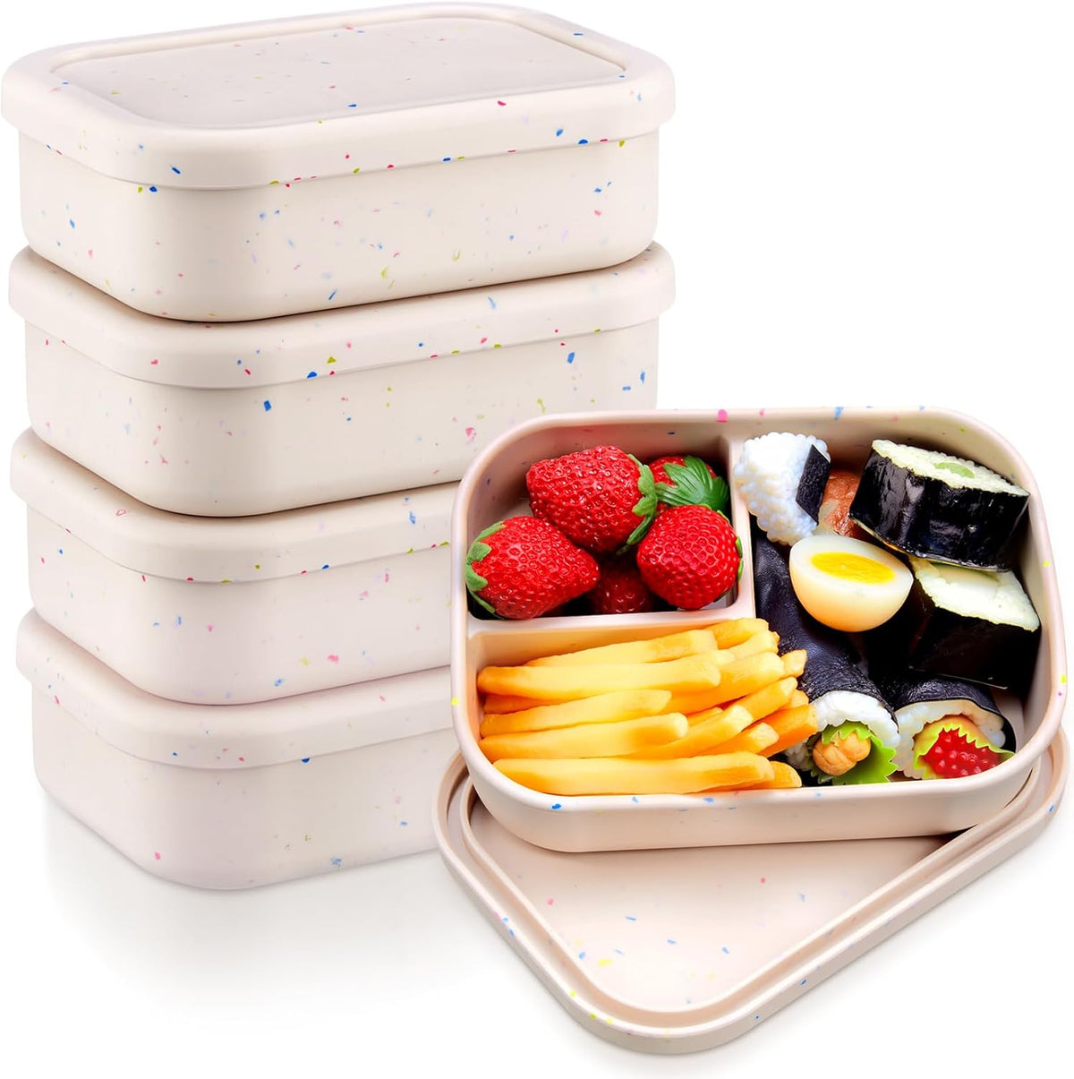 Honeydak 4 Pcs Silicone Bento Lunch Box 3 Compartment Reusable Leakproof Silicone Bento Lunch Container for Adults Microwave Dishwasher Freezer Safe(Beige)