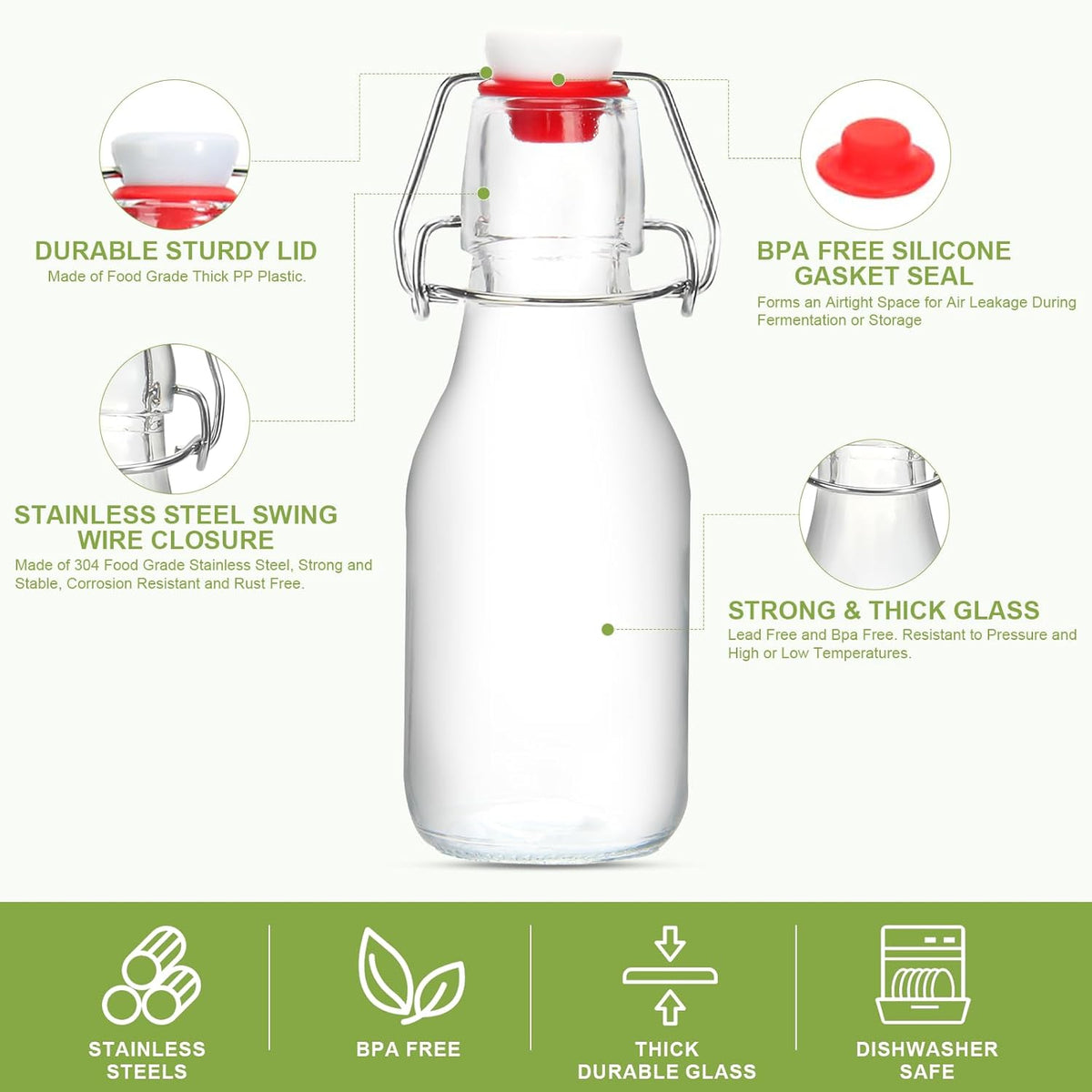 Ruckae 24 Pack 4oz Swing Top Glass Bottles with Lids Kombucha Coquito Flip Top Glass Bottle for Syrup Vanilla Extract Brew Beer Kefir Air Tight Bottles for Gift (4 oz 24 pack)