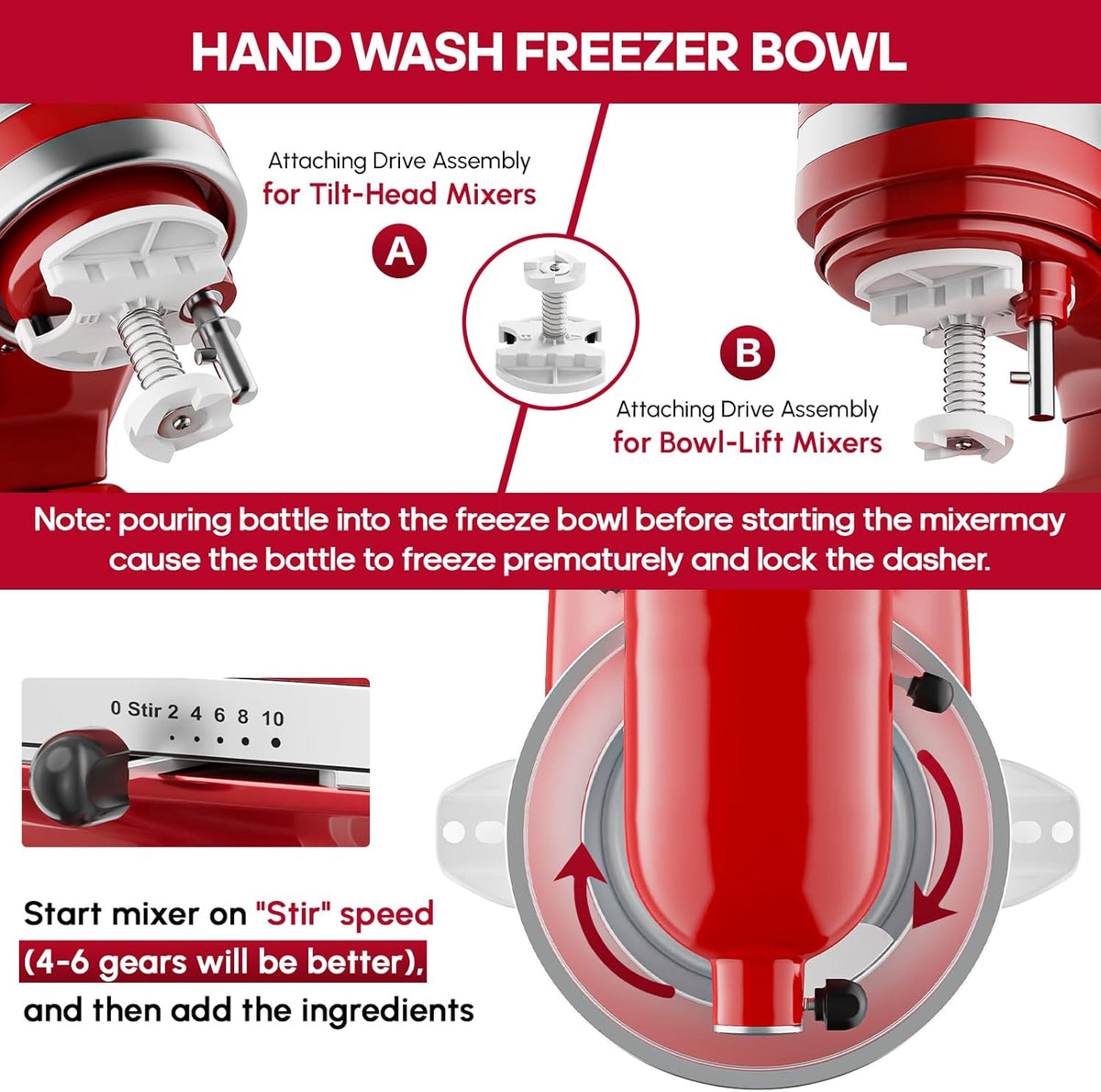 InnoMoon Ice Cream Maker Attachment for KitchenAid Stand Mixer, Compatible for Kitchenaid 4.5QT/5QT/6QT/7QT Stand Mixer, 2-Quart Frozen Yogurt, Sorbet Gelato Maker, Kitchen aid Ice Cream Maker (Red)
