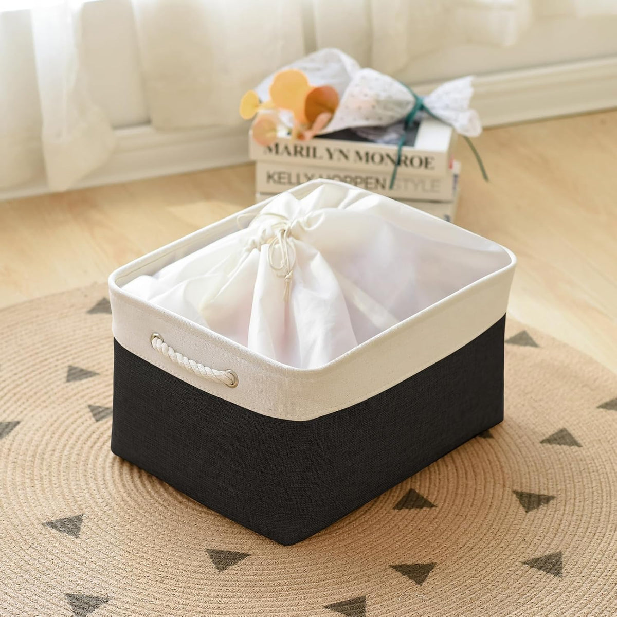 TheWarmHome Organization and Storage Basket for Organizing - Jumbo 3 Pack 17.7x13.8x9.7 inch Fabric Storage Cubes for Closet Gifts Organizer Empty Book (White & Black)