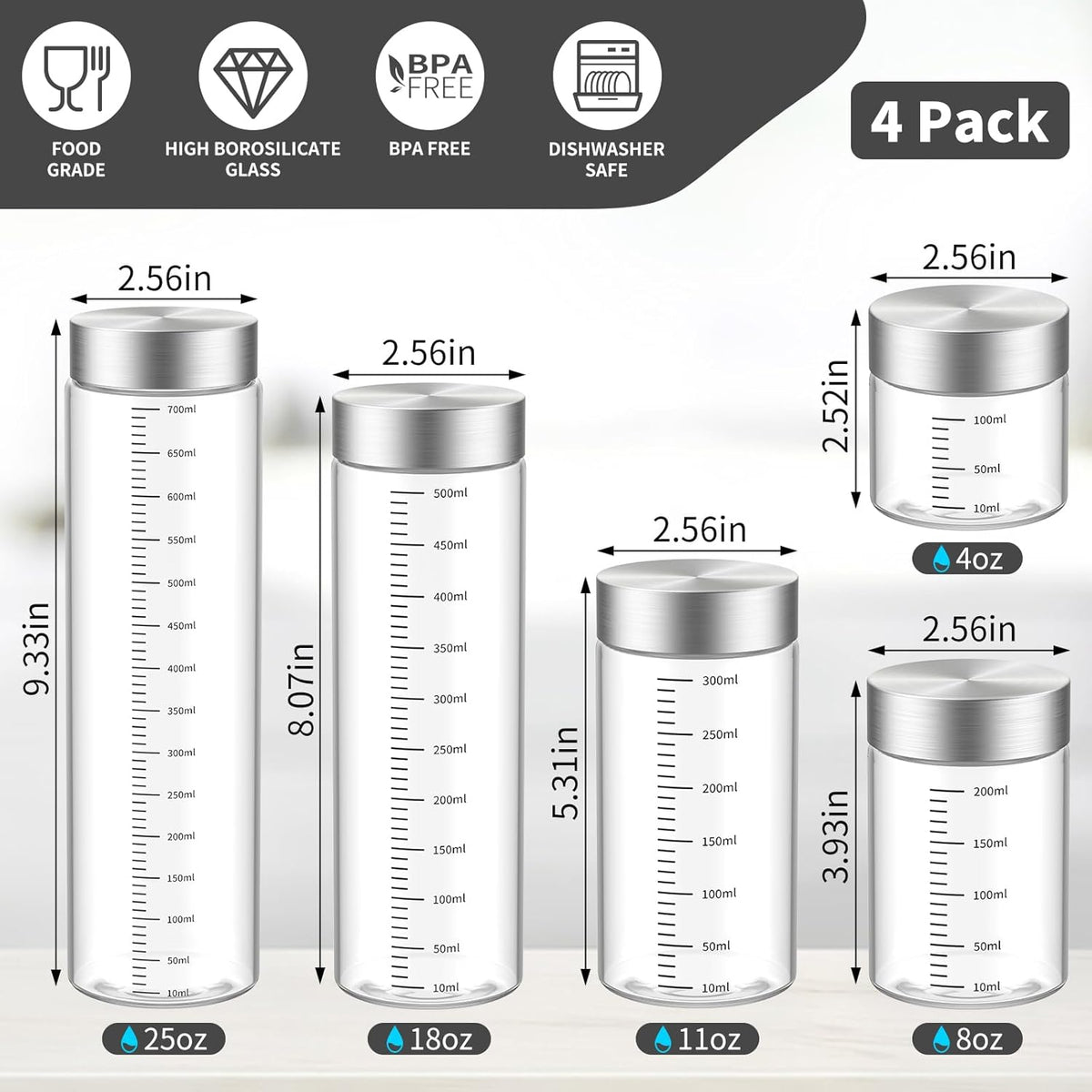 4 Oz Glass Bottles, 4 Pack Glass Jar with Lid, BPA Free, Borosilicate Glass, Stainless Steel Lids for Juicing, Smoothies, Infused Water, Beverage Storage