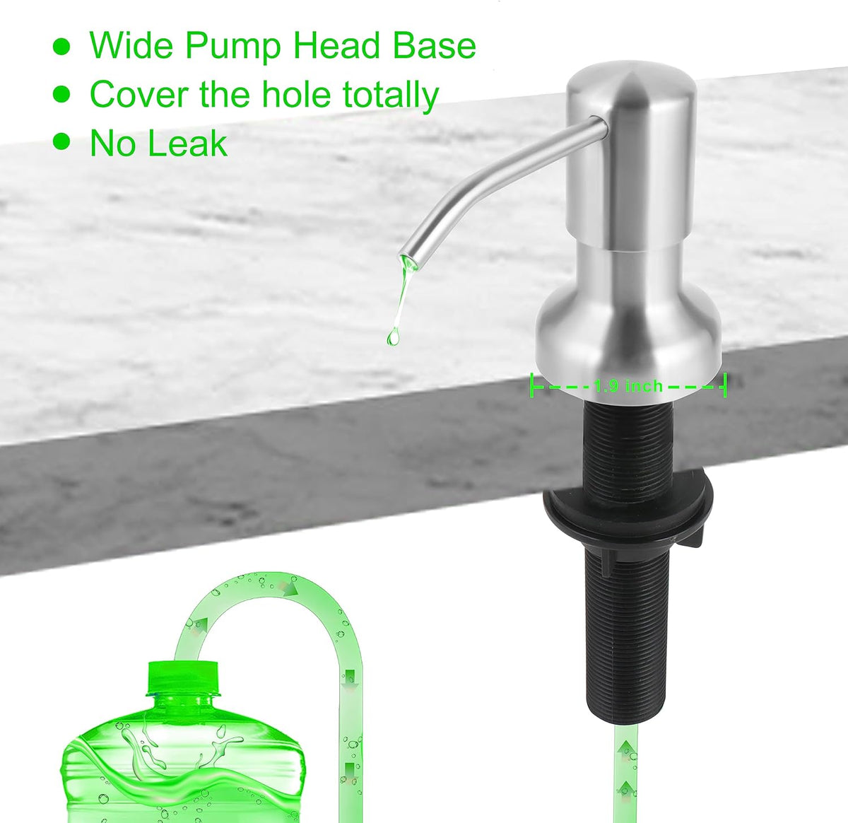 Soap Dispenser for Kitchen Sink, Sink Soap Dispenser with Longer Threaded Shaft Shank, 47" Extension Tube Connects Directly to Dish Soap Container, Wider Pump Head Base （Brushed Nickel）