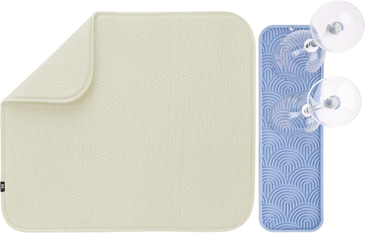 S&T INC. Dish Drying Mat 16" x 18" and Food-Safe Silicone Bar Mat 15" x 4.5", Absorbent Microfiber Kitchen Counter Mat, Dish Drying Pad for Dishes, Utensils, Pots, Pans, Diamond Texture, Cream + Blue