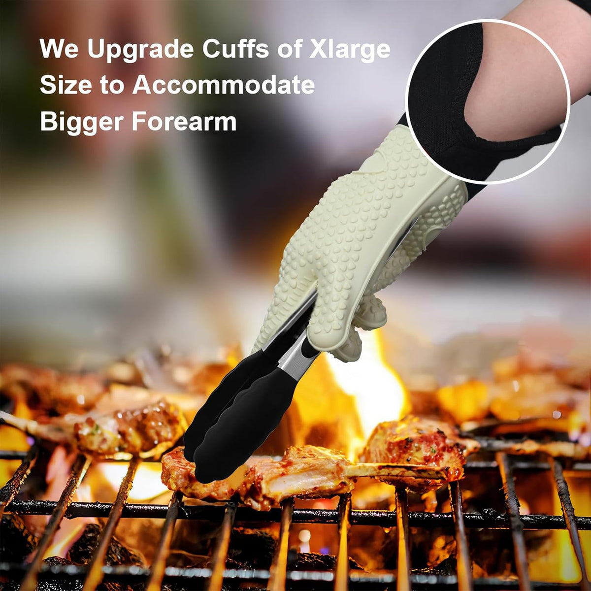 GEEKHOM BBQ Gloves Heat Resistant Oven Mitts - Silicone Grilling Gloves with 14" Long Arm Protection - Waterproof Pot Holder Non-Slip for Men & Women, Kitchen Cooking, Baking, Camping, Beige