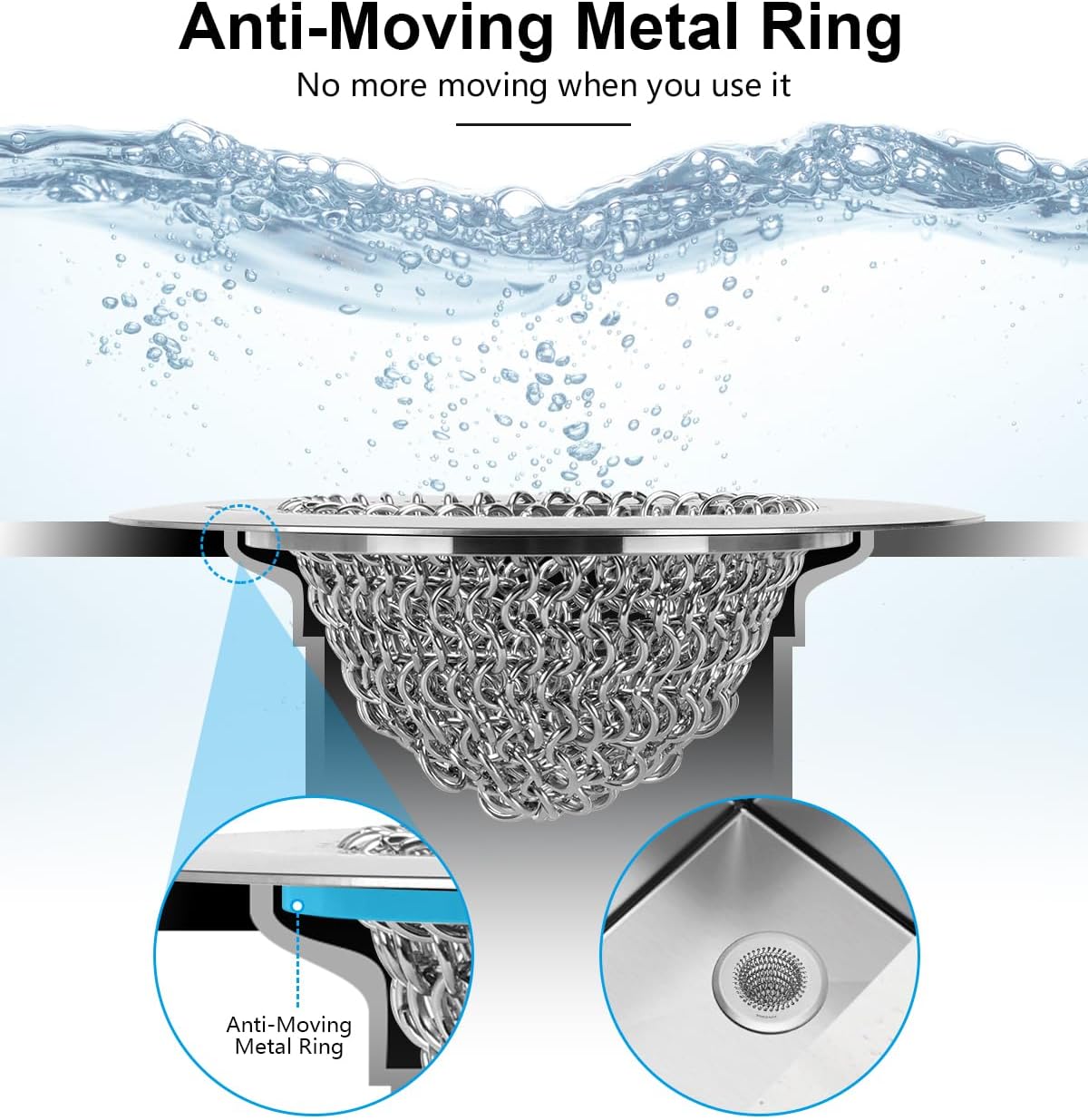 Sink Drain Strainer&Stopper, Anti-Slip Flexible Mesh Sink Strainer with 304 Stainless Steel, Clog-Free Kitchen Sink Strainer, Easy-Clean Sink Catcher Strainer& Silicone Stopper