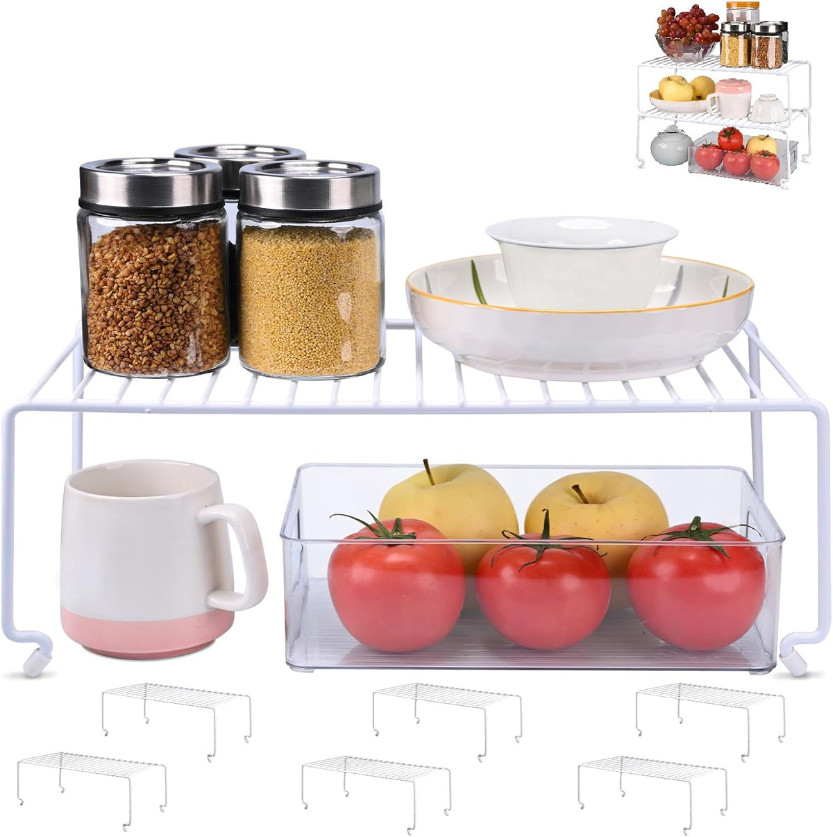 6-Pack Large (15.7x8.54inch) Multi-Level Organizer Rack, Kitchen Shelves for Spice Organization for Cabinet, Pantry Organizers and Storage, Wire Extra Shelf, Desk Organizer, Stackable, White