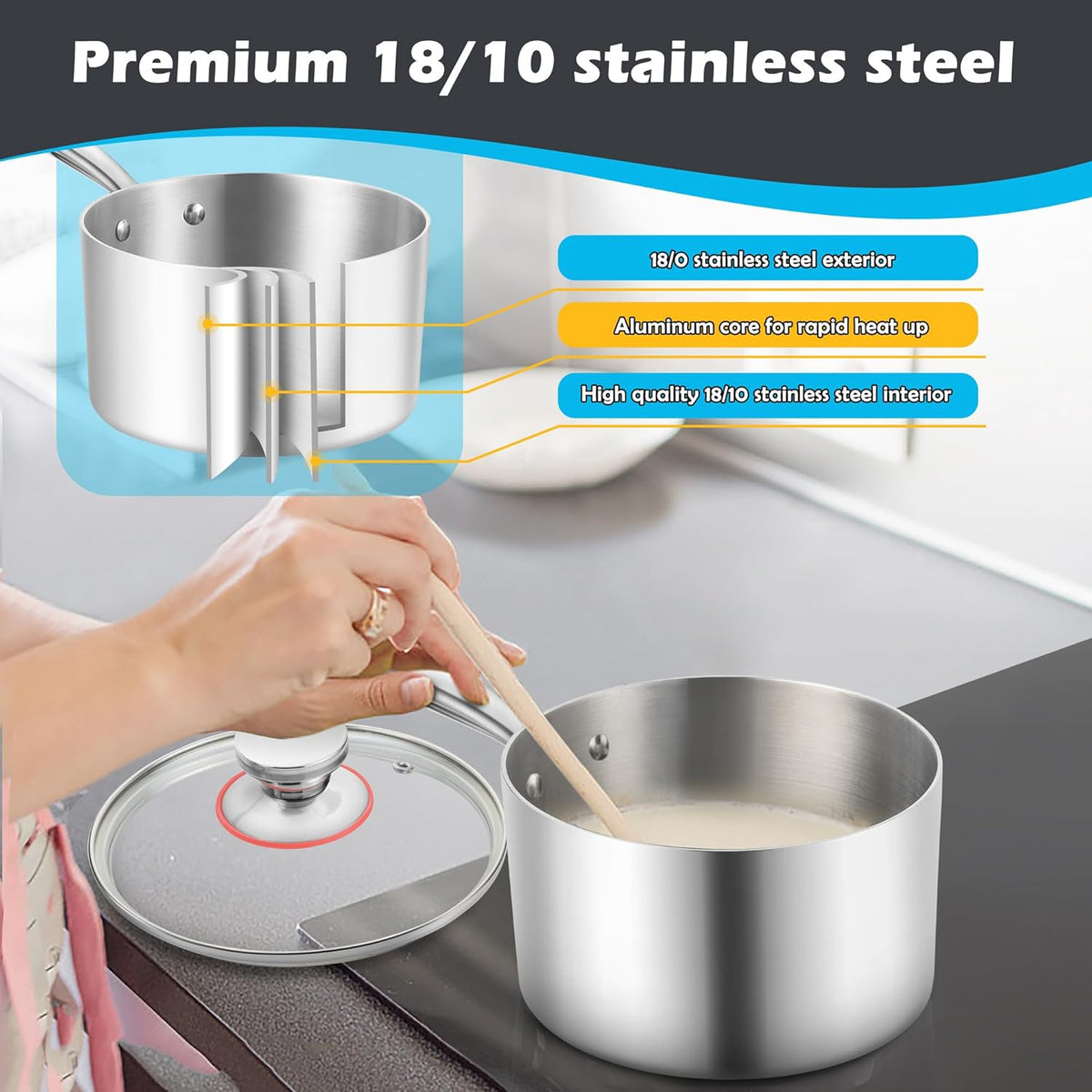 E-far 3-Quart Saucepan, Tri-Ply Stainless Steel Sauce Pan with Glass Lid, Small Cooking Induction Pot Compatible with All Cooktops, Non Toxic, Oven & Dishwasher Safe