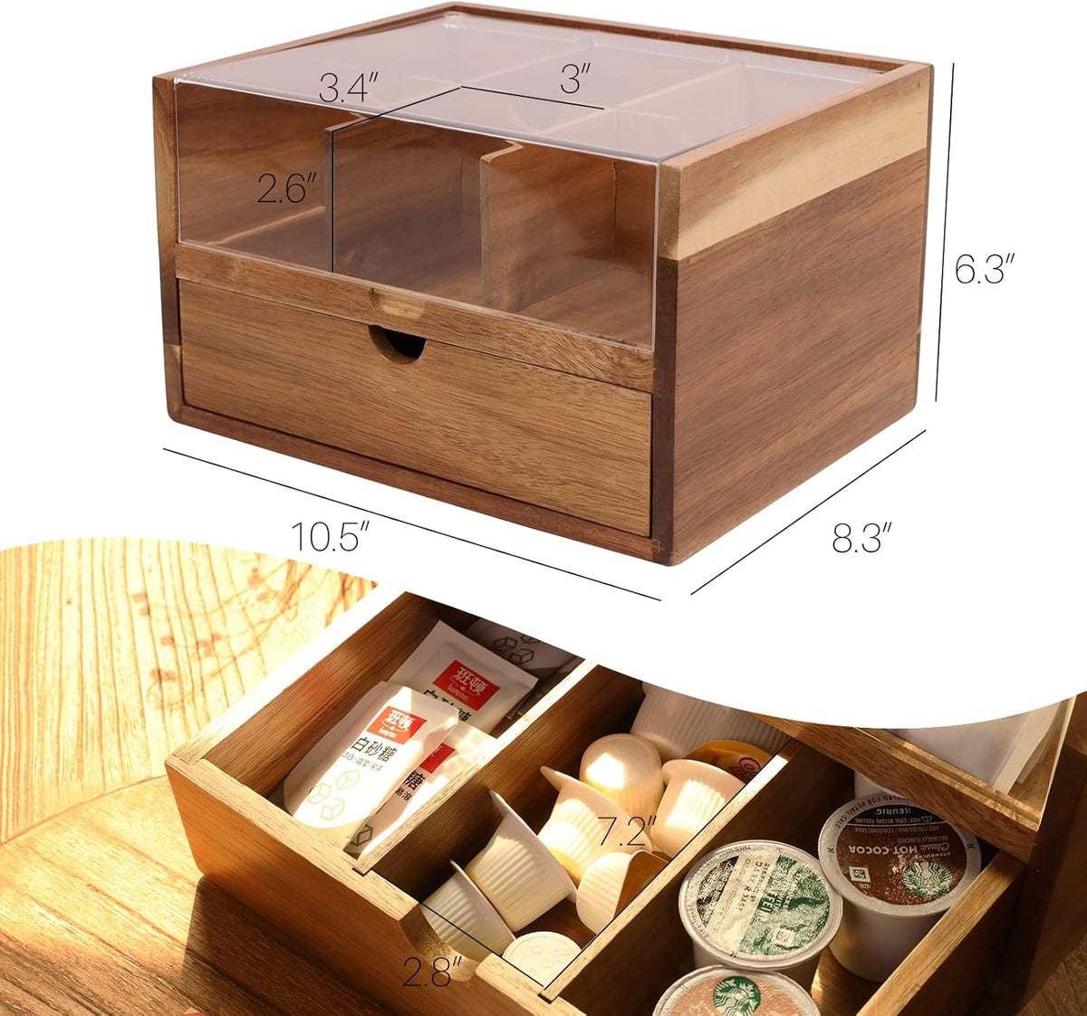 Large Tea Organizer 2 Tier with Drawer by HTB, Tea Bag Organizer with Acrylic Transparent Hinged Lid, 9 Compartments Wooden Tea Bag Holder for Home, Office, Tea Parties
