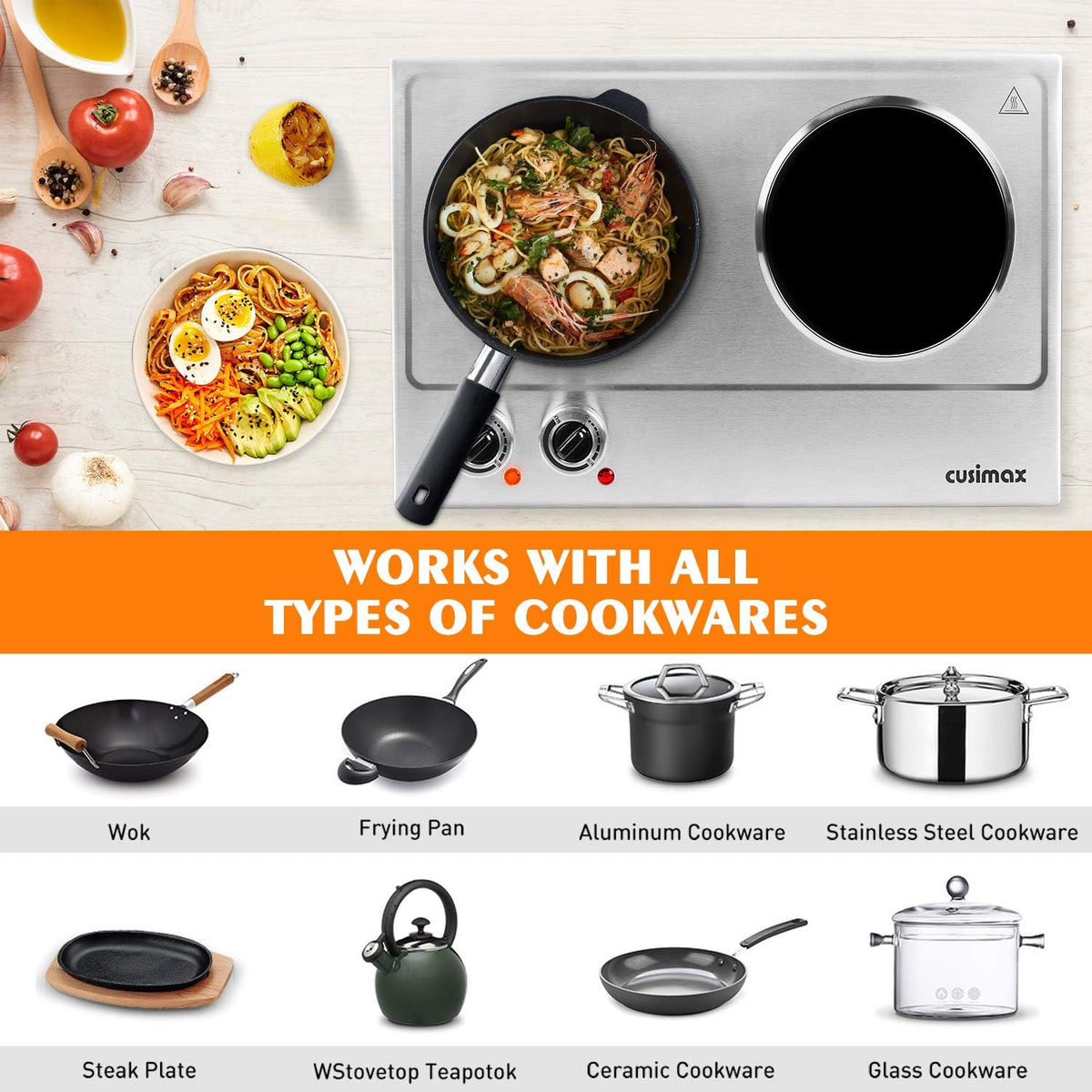 CUSIMAX Hot Plate, 1800W Double Burners, Infrared Cooktop, Electric Ceramic Hot Plates for Cooking, Portable Countertop Burner Glass Heating Plate, Compatible w/All Cookware, Upgraded Version