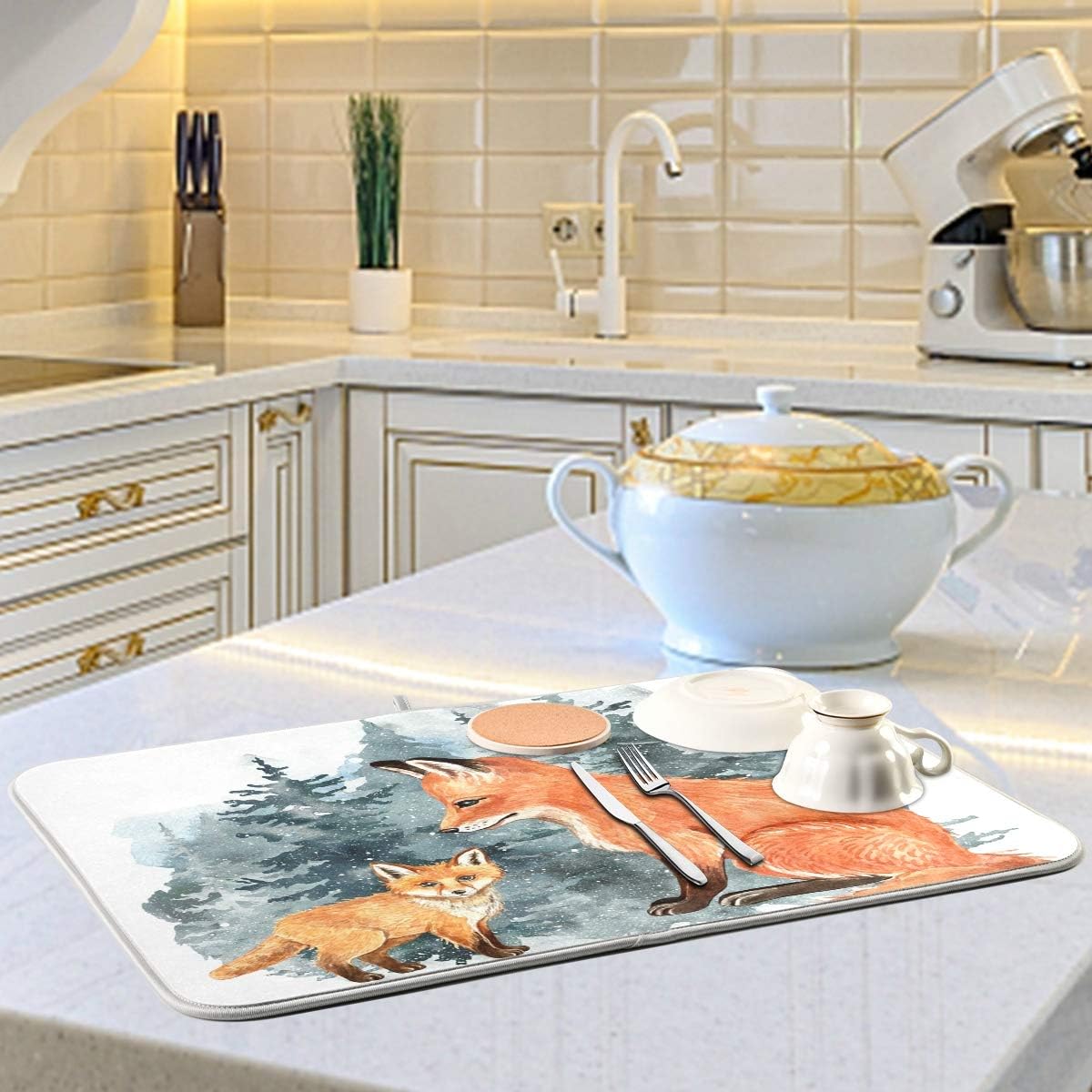 Super Absorbent Dish Drying Mat, Microfiber Fast-Drying Dish Mat, 24" x 18", Kitchen Dish Drying Pad, Watercolor Cute Fox Winter Christmas