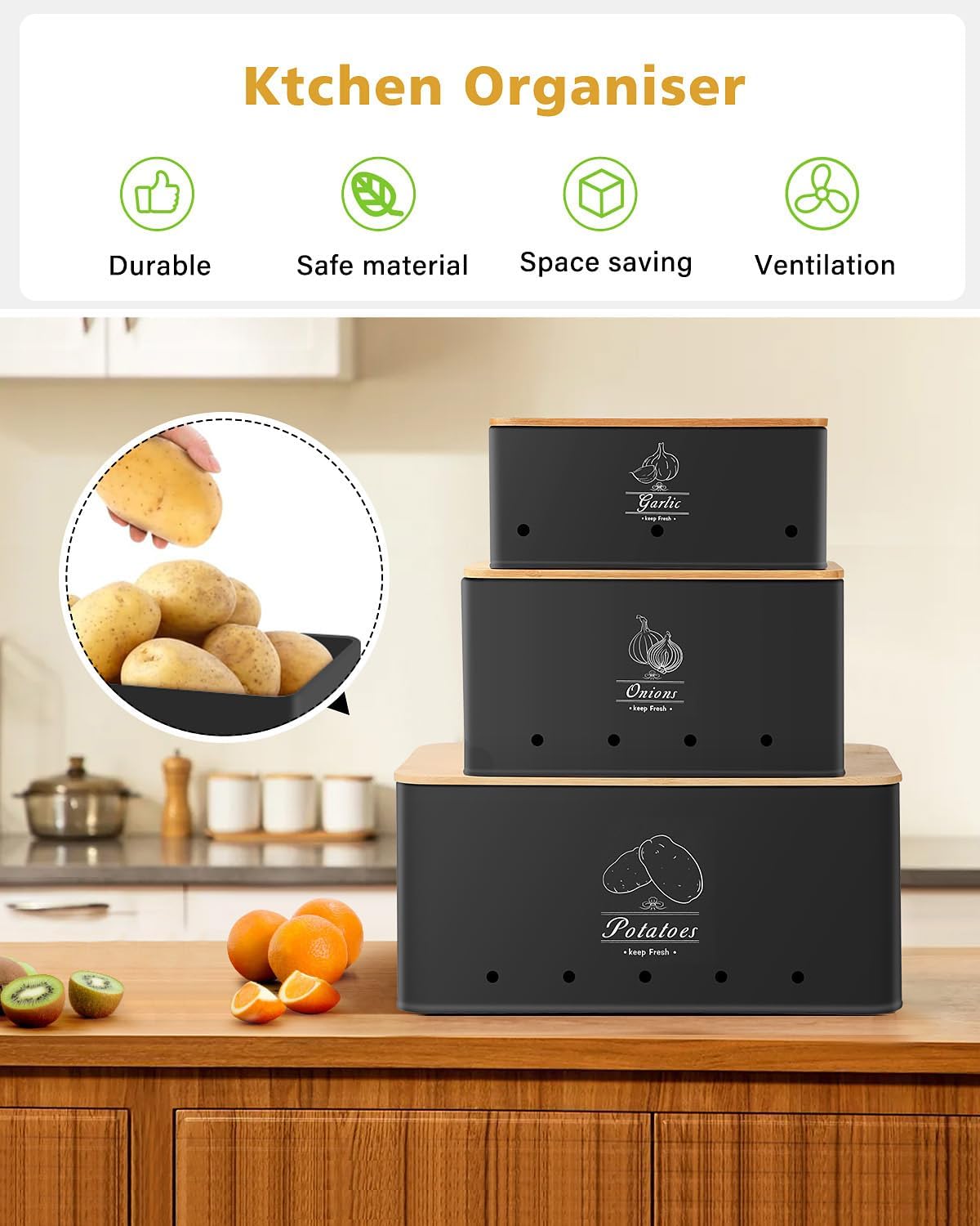 Kitchen Vegetable Storage Set of 3, Sturdy and Durable Storage Basket for Potato, Onion, Garlic, Fruit,Aerating Holes and Wooden Lid (black)
