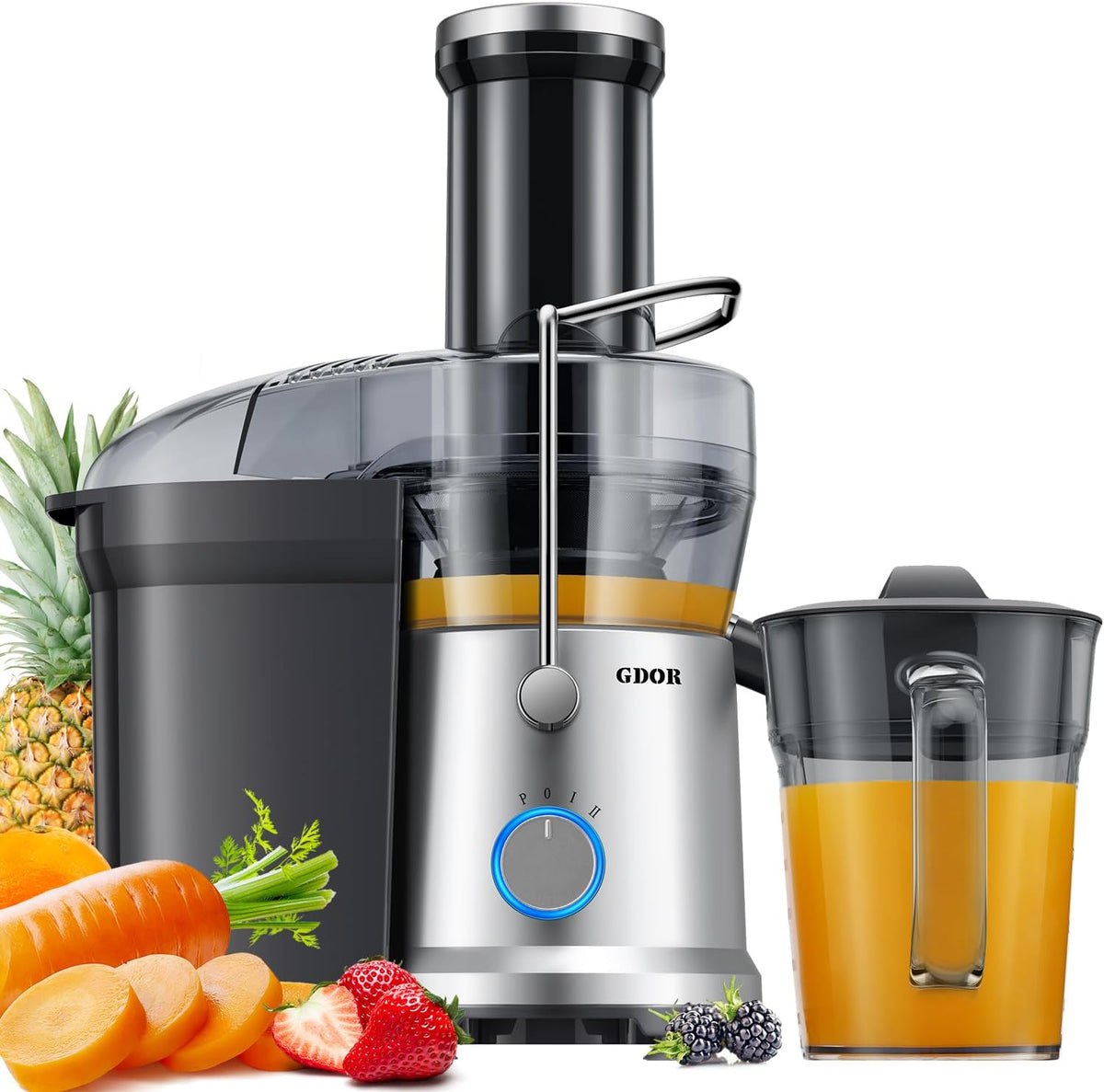 GDOR 1200W Juicer Machines with Larger 3.2" Feed Chute, 45oz Large Juice Jug, Centrifugal Juice Extractor Maker with Titanium Enhanced Cutting System, Dual Speeds, BPA-Free, Silver