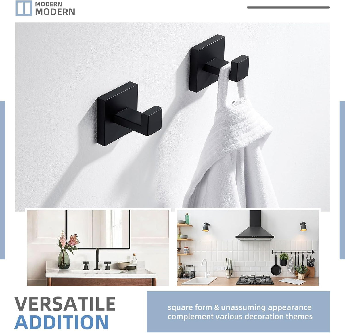 Angle Simple Matte Black Towel Hooks for Bathroom, SUS 304 Stainless Steel Square Wall Coat Hooks, 2 Pack