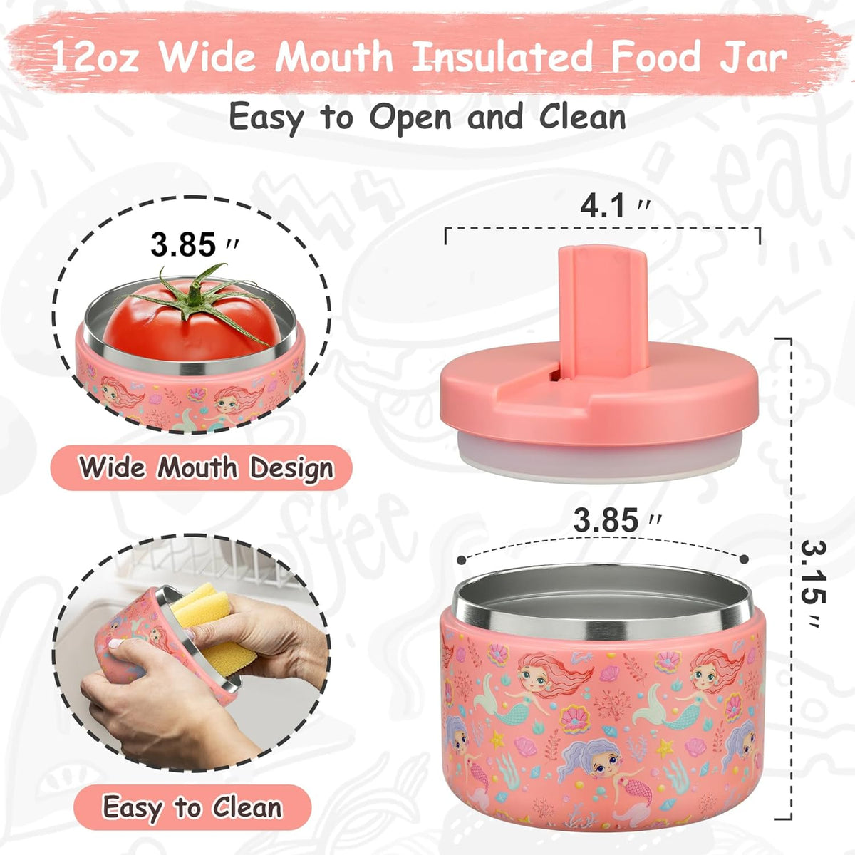 12oz Insulated Vacuum Food Jar with Buckle Lid Wide Mouth Soup Thermo for Hot Food Kids Leakproof Stainless Steel Lunch Container (mermaid)