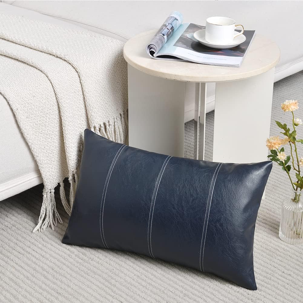 Fancy Homi Navy Blue Long Lumbar Waterproof Faux Leather Decorative Throw Pillow Covers 14x24 Inch for Outdoor Couch Bed, Modern Farmhouse Boho Home Decor, Hand Stitched Cushion Case 35x60 cm