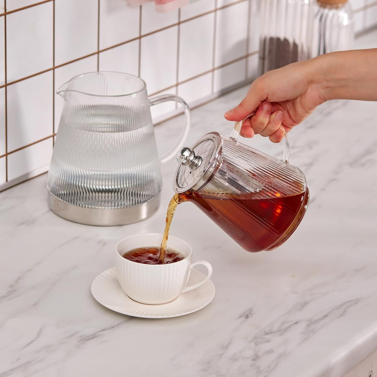 Karaca Keops XL Borosilicate Glass Teapot with Infuser and Lid for Stovetop, Transparent Silver, 1L Tea Pot & 2L Tea Kettle Set for Loose Leaf & Herbal, Dishwasher Safe