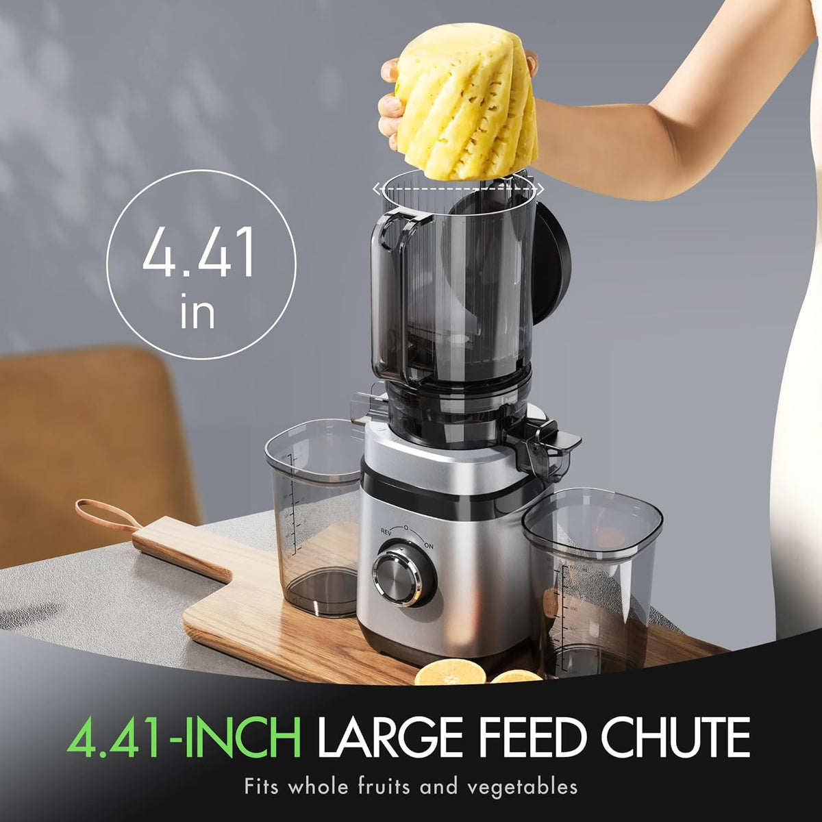 Juicer Machines, Cold Press Juicer with 4.41" Wide Feed Chute, 350W Slow Masticating Juicers for Whole Vegetables & Fruits, High Juice Yield, Easy to Clean, Large Auger, Silver