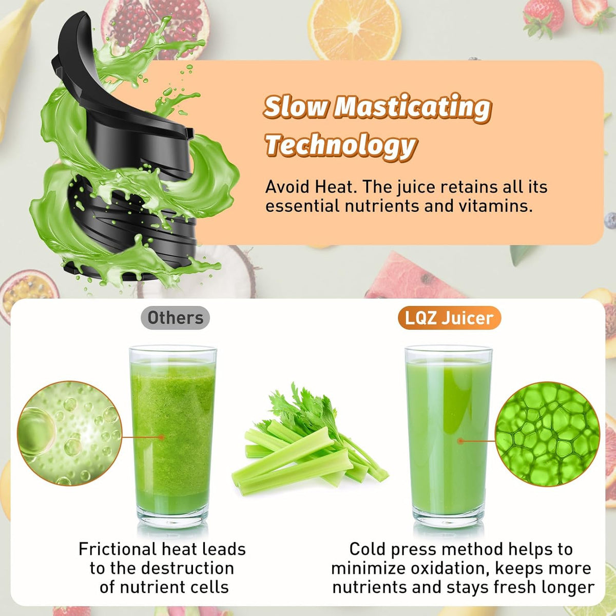 Cold Press Juicer, Juicer Machines with 5.4" Wide Feed Chute for Juice Extractor, Professional Slow Masticating Juicer for Whole Vegetables & Fruits with High Juice Yield, Easy to Clean (Black)