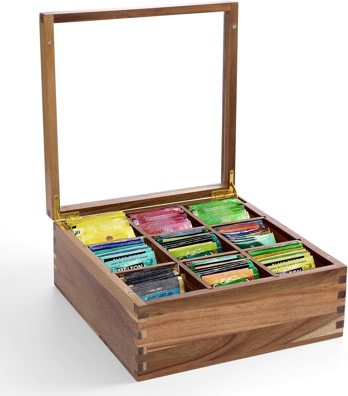 ANMINY Acacia Wood Tea Bag Organizer with Acrylic Clear Top, 10MM Thick Wooden Tea Storage Box with 9 Compartments, Teabag Holder Tea Caddy Chest for Countertop Kitchen Home Office