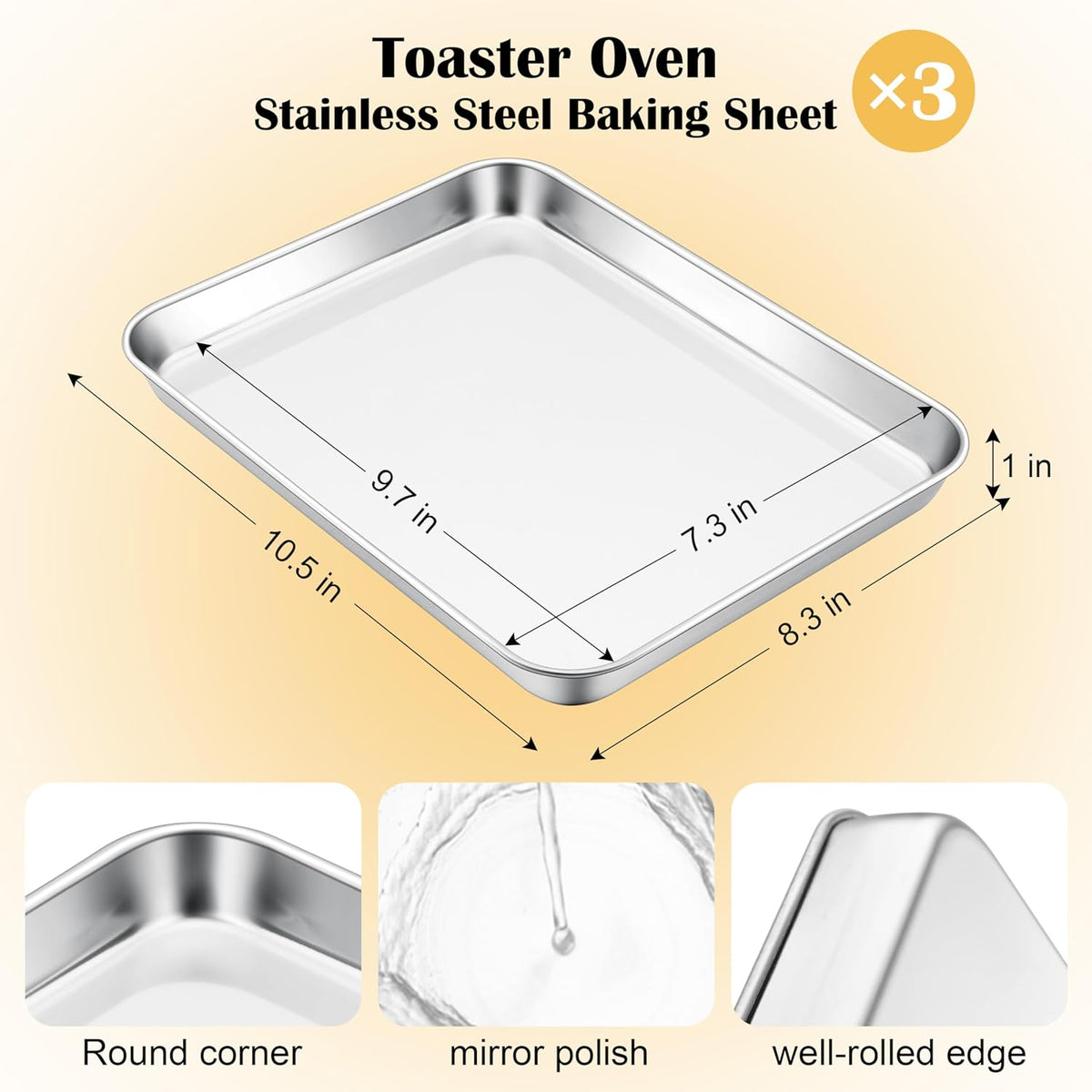 E-far Small Baking Sheet Set of 3, 10.5”x8.3” Stainless Steel Cookie Sheets Pans, Compact Non-toxic Metal Toaster Oven Trays for Cake, Healthy & Rust Free, Mirror Finish & Dishwasher Safe