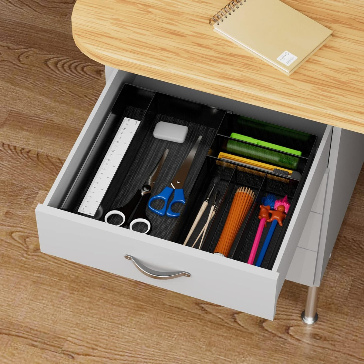 JANE EYRE Utensil Drawer Organizer - Expandable Cutlery Tray, Silverware/Flatware Storage Divider for Kitchen, Mesh Designing with Non-slip Rubber Feet (black)