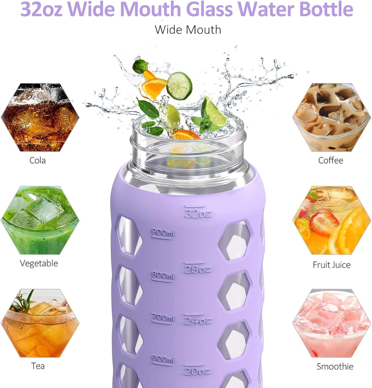 MUKOKO 32oz Glass Water Bottles with 2 Lids-Handle Spout Lid&Bamboo Straw Lid, Motivational Water Tumbler with Time Marker Reminder and Silicone Sleeve, Leakproof-Purple-1 Pack
