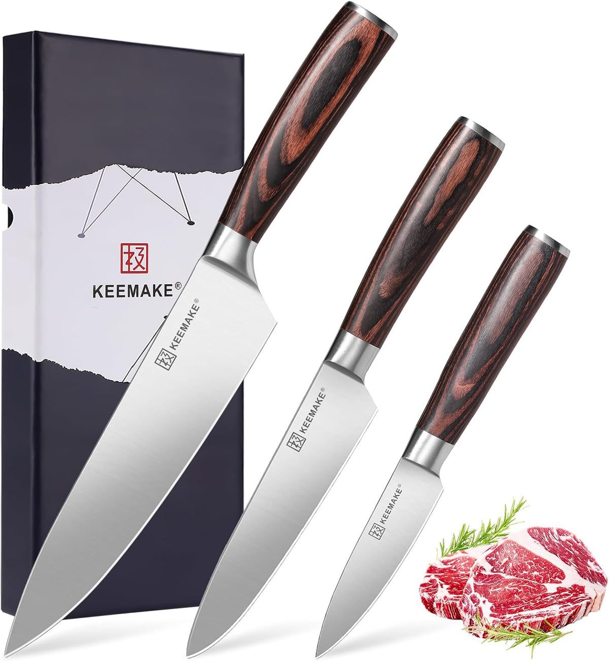 KEEMAKE Knife Set 3 Pieces - Kitchen Knives 1.4116 High Carbon Stainless Steel Professional Chef Knife Set, Razor Sharp Cooking Knife with Ergonomic Pakkawood Handle for Home Cooking and Restaurant