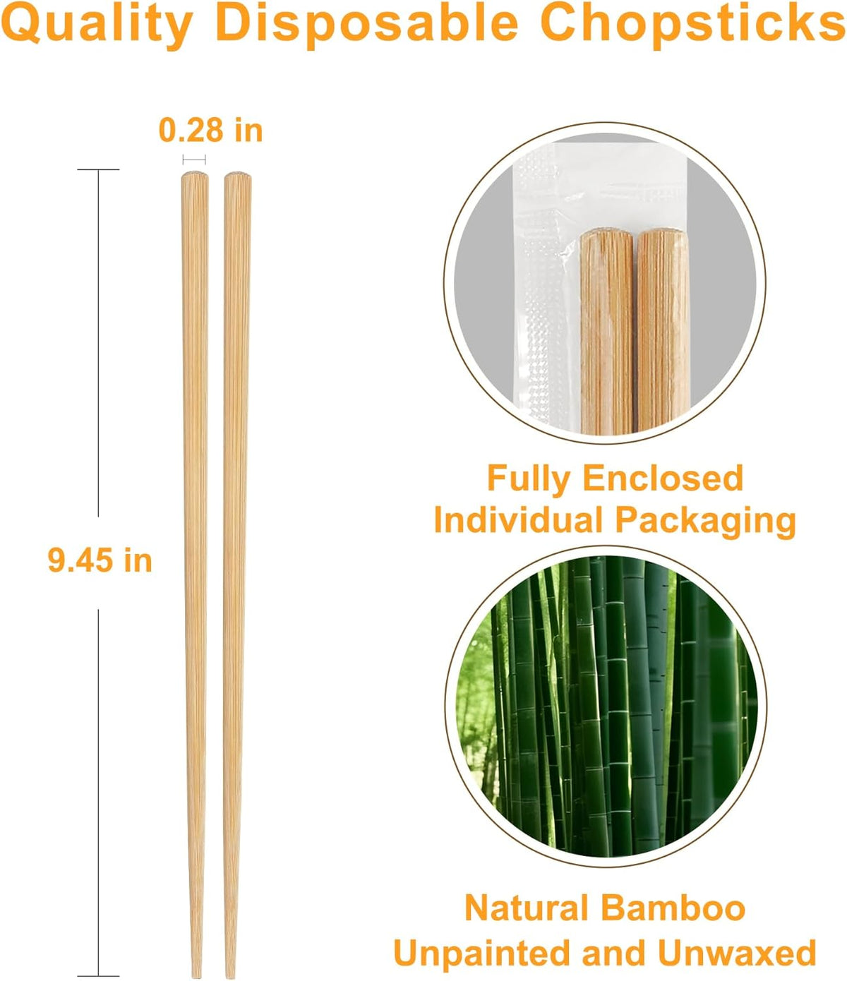 100Pairs Bamboo Chopsticks Disposable | Individually Wrapped | Bulk | Separated | Round | Premium Quality-（9.45in)