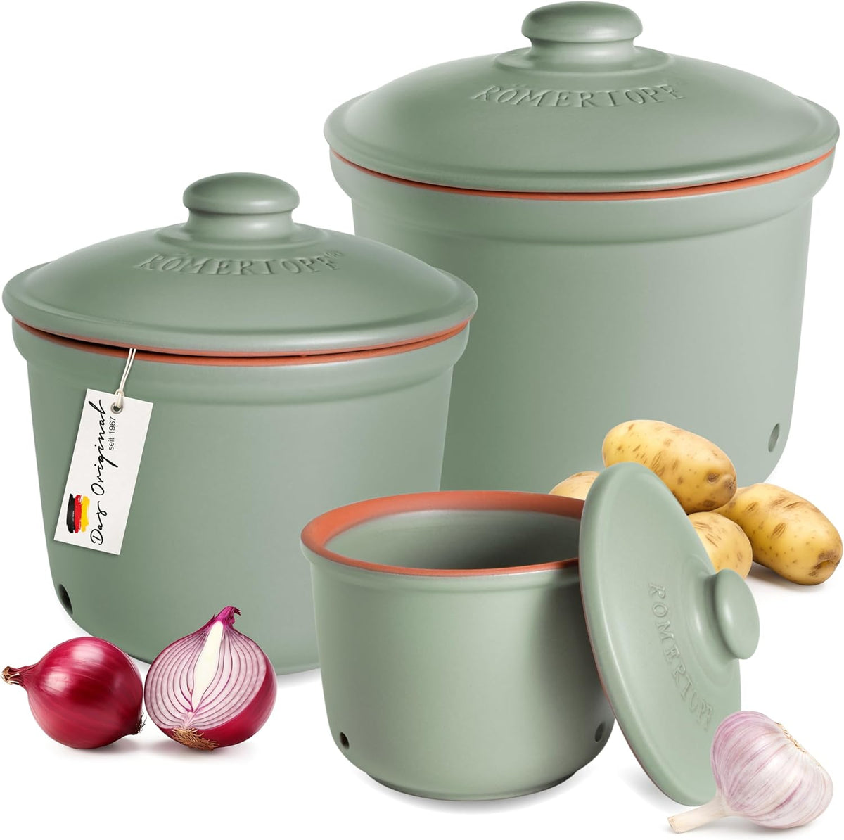Romertopf Freshness Storage Potato Onion Garlic Clay Pot Set of 3 with Lids - Green