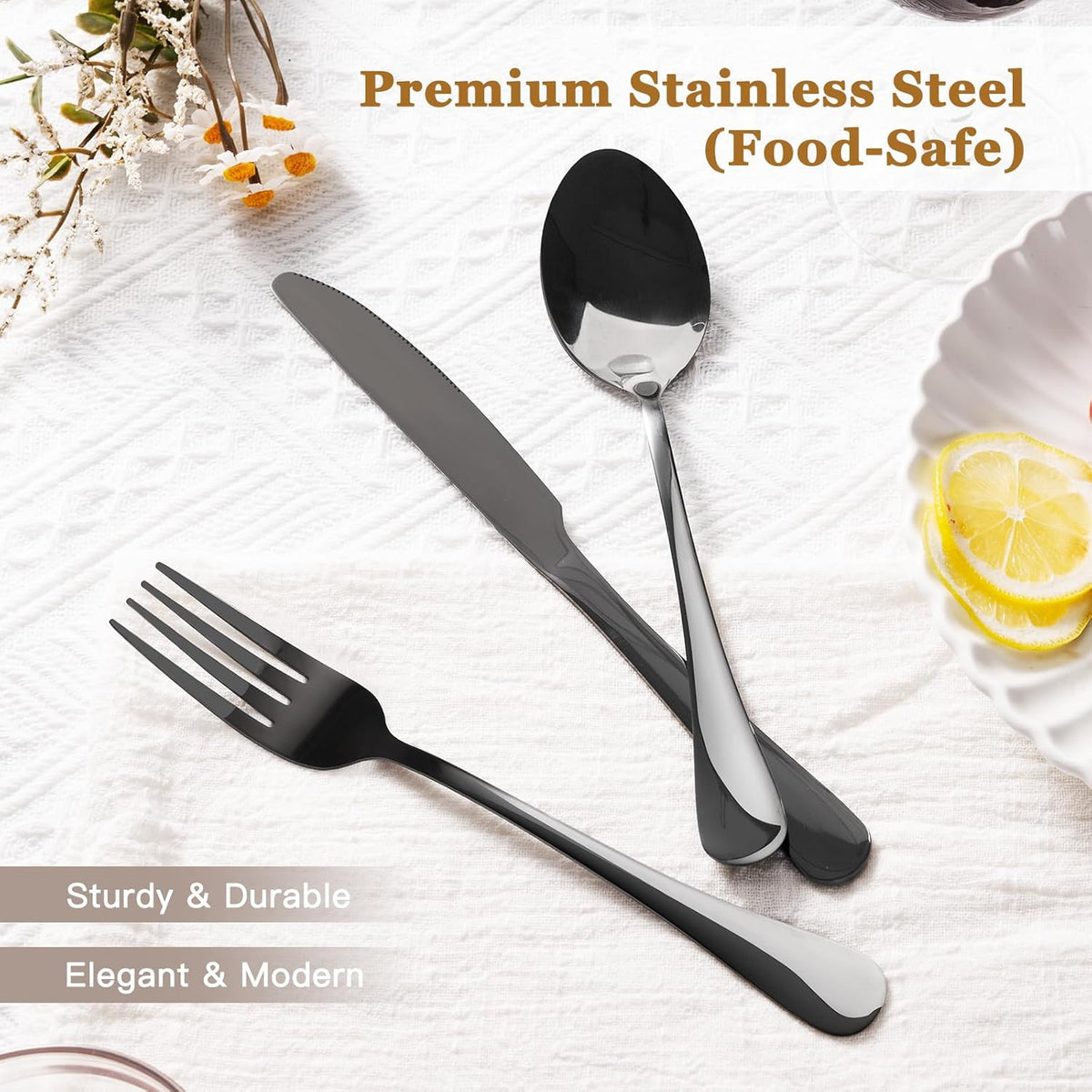 Astercook 24-Piece Black Silverware Set with Steak Knives Flatware Set for 4 Food-Grade Stainless Steel Cutlery Set Mirror Polished Utensils Set Include Spoons and Forks for Home Kitchen Restaurant