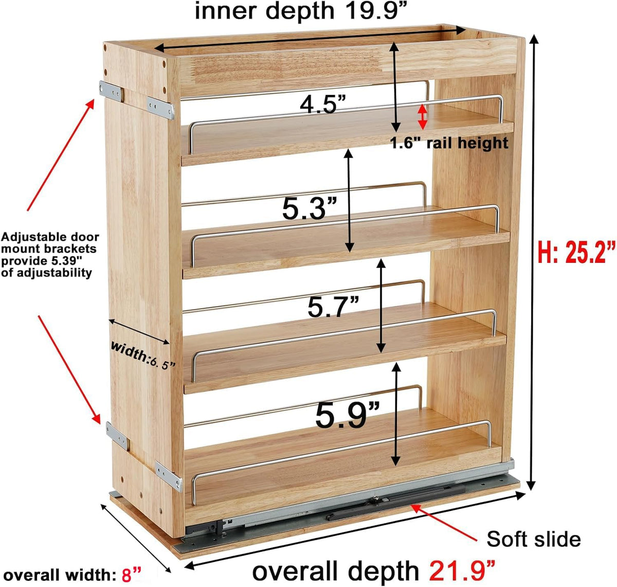 DINDON Pull Out Spice Rack Organizer for Cabinet, (6.5" W x 21.9" D x 25.2" H) Multi-Use Wood Pull Out Cabinet Organizer Slide Out Shelf Cabinet Storage for Kitchen, Pantry Organization