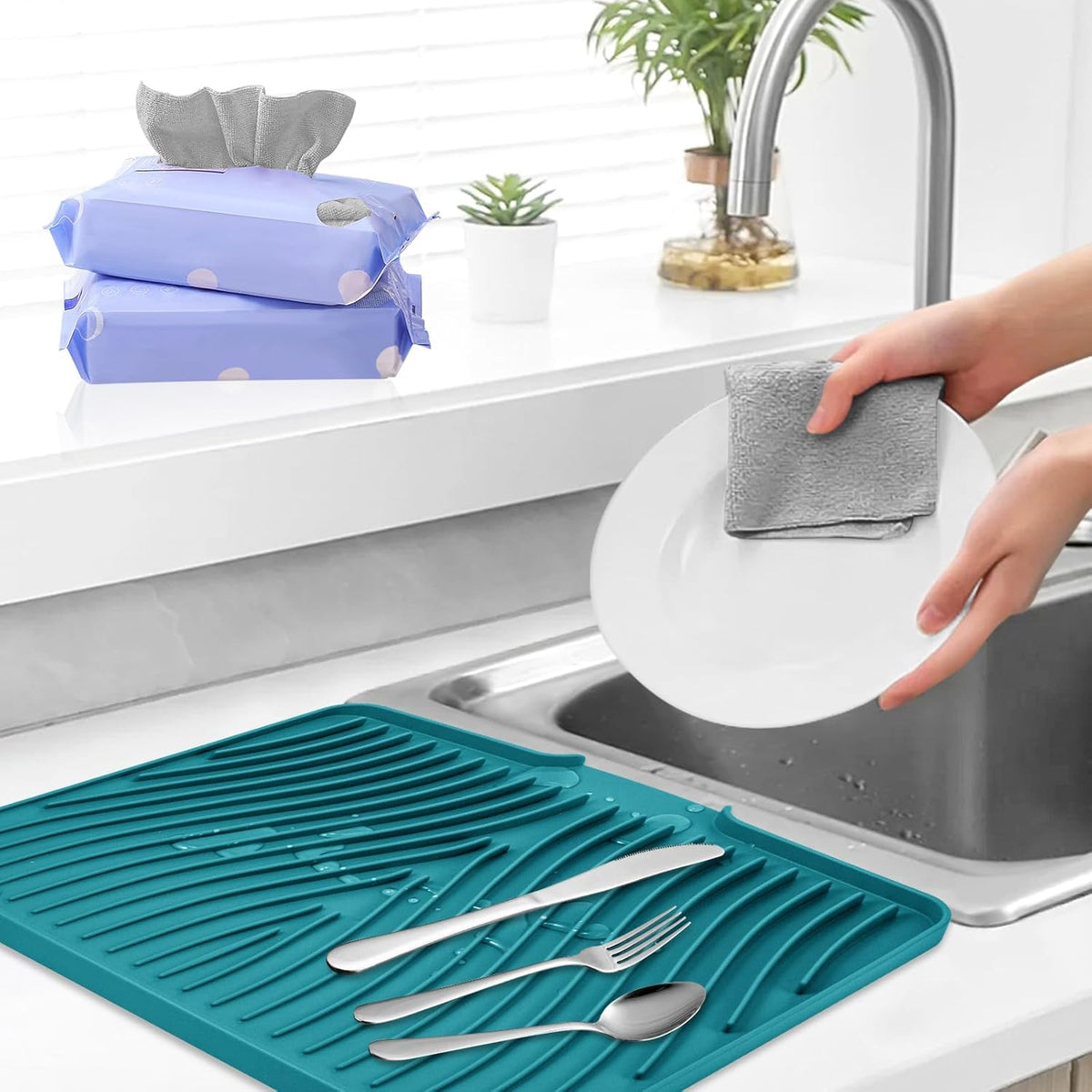 Silicone Dish Drying Mat, Stone Drying Mat for Kitchen Counter with Built-in Drain, Non-Slip 15.8" X 13" Drying Matt Kitchen Counter and Grey Microfiber Cleaning Cloth, Cleaning Rags Set(Green)