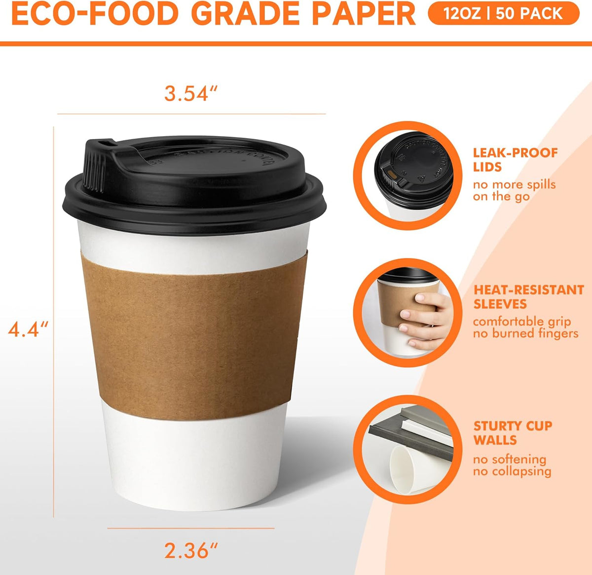 50 Pack 12 oz Disposable Coffee Cups with Lids and Sleeves, Paper Coffee Cups for Hot/Cold Drinks, Leak-Proof To Go Cups for Home, Cafes, Events and Office