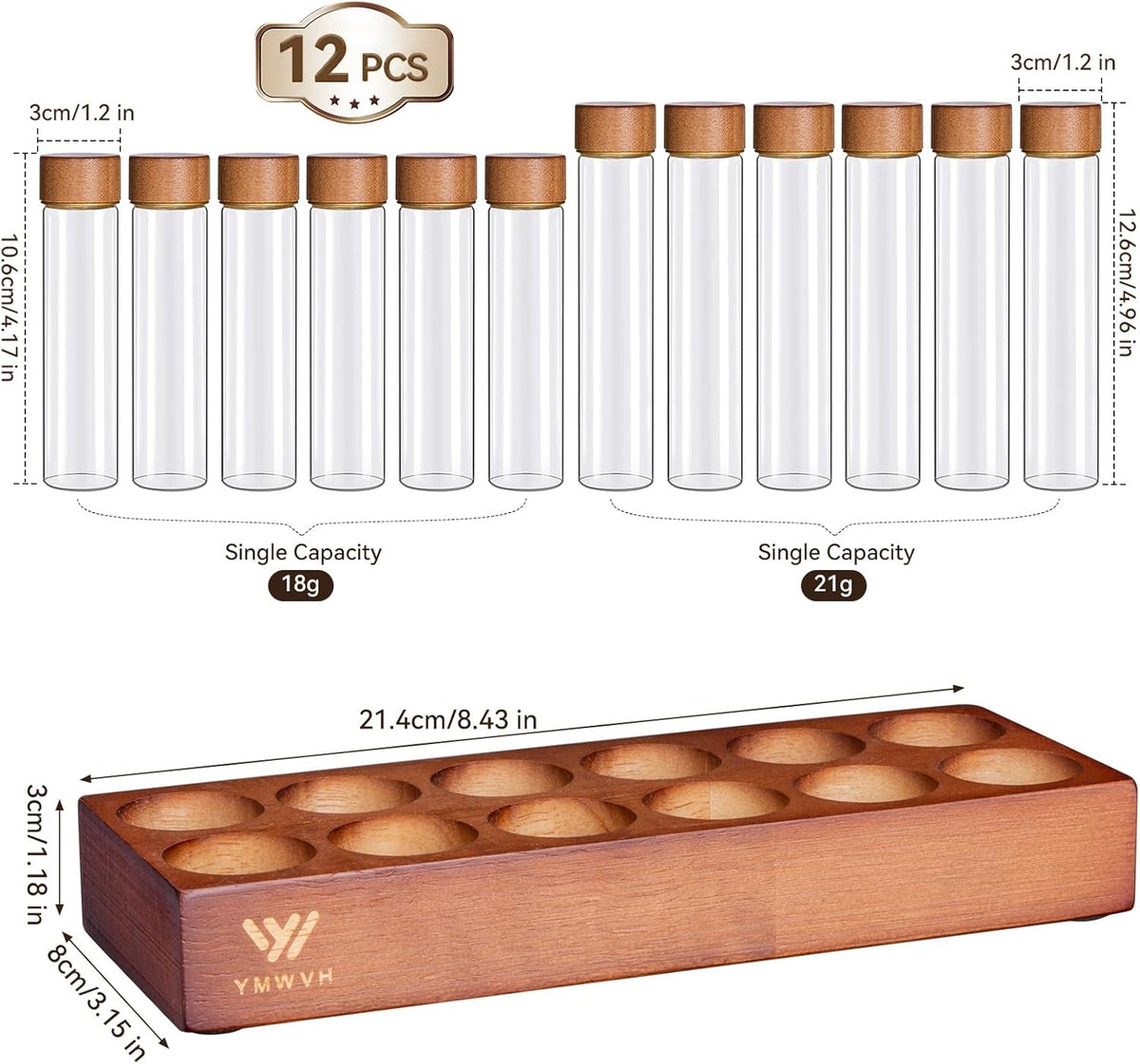 Single Dose Coffee Bean Storage Tubes with Wooden Base and Lids,Set Of 12 Dosing Glass Vials for Coffee Benn Container Cellars, Espresso Bean Canisters Set,6pc- 2 fl oz, 6pc-1.7 fl oz