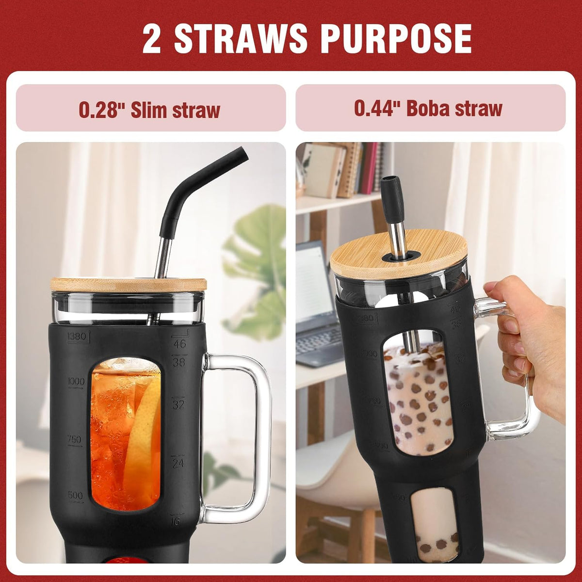 Glass Tumbler with Lid and Straw, 46 oz Iced Coffee Cup with Handle, Large Water Bottles with Silicone Sleeve, Glass Cup with Straws - Pearl Straw & Drinking Straw BPA Free-Black