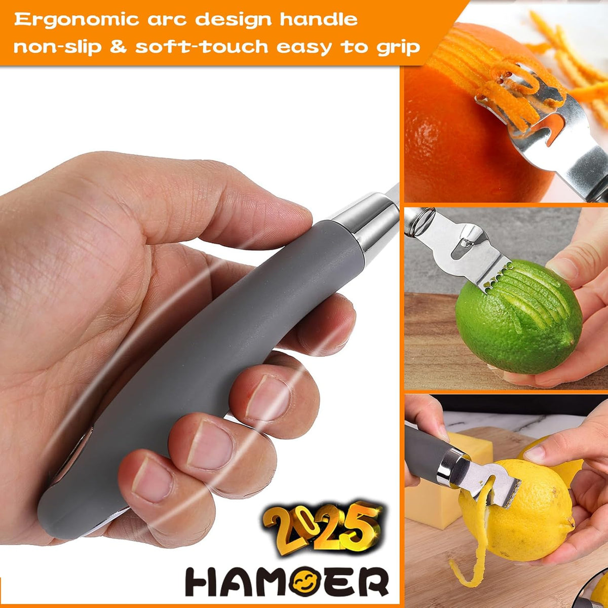 Citrus Lemon Zester & Channel Knife Tool for Kitchen Bar, Stainless Steel Blade, Ergonomic Design, Wooden Handle & Rubber & Plastic Handle Set Tool
