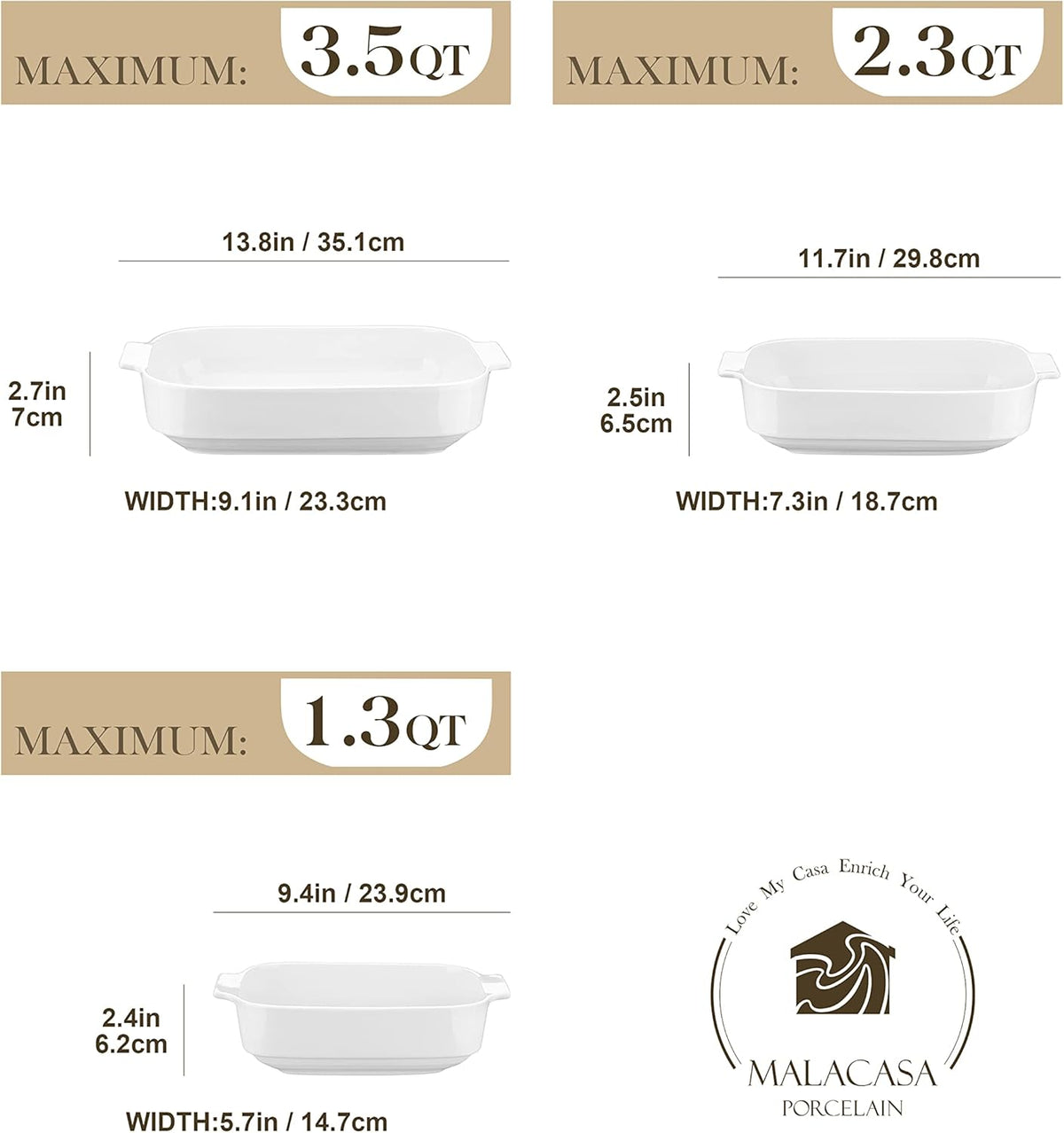 MALACASA Casserole Dishes for Oven, Porcelain Baking Dishes Set of 3, Durable Casserole Dish Set Lasagna Pan Deep, Ceramic Bakeware Sets with Handles, White (13.8''/11.7''/9.4''), Series Bake