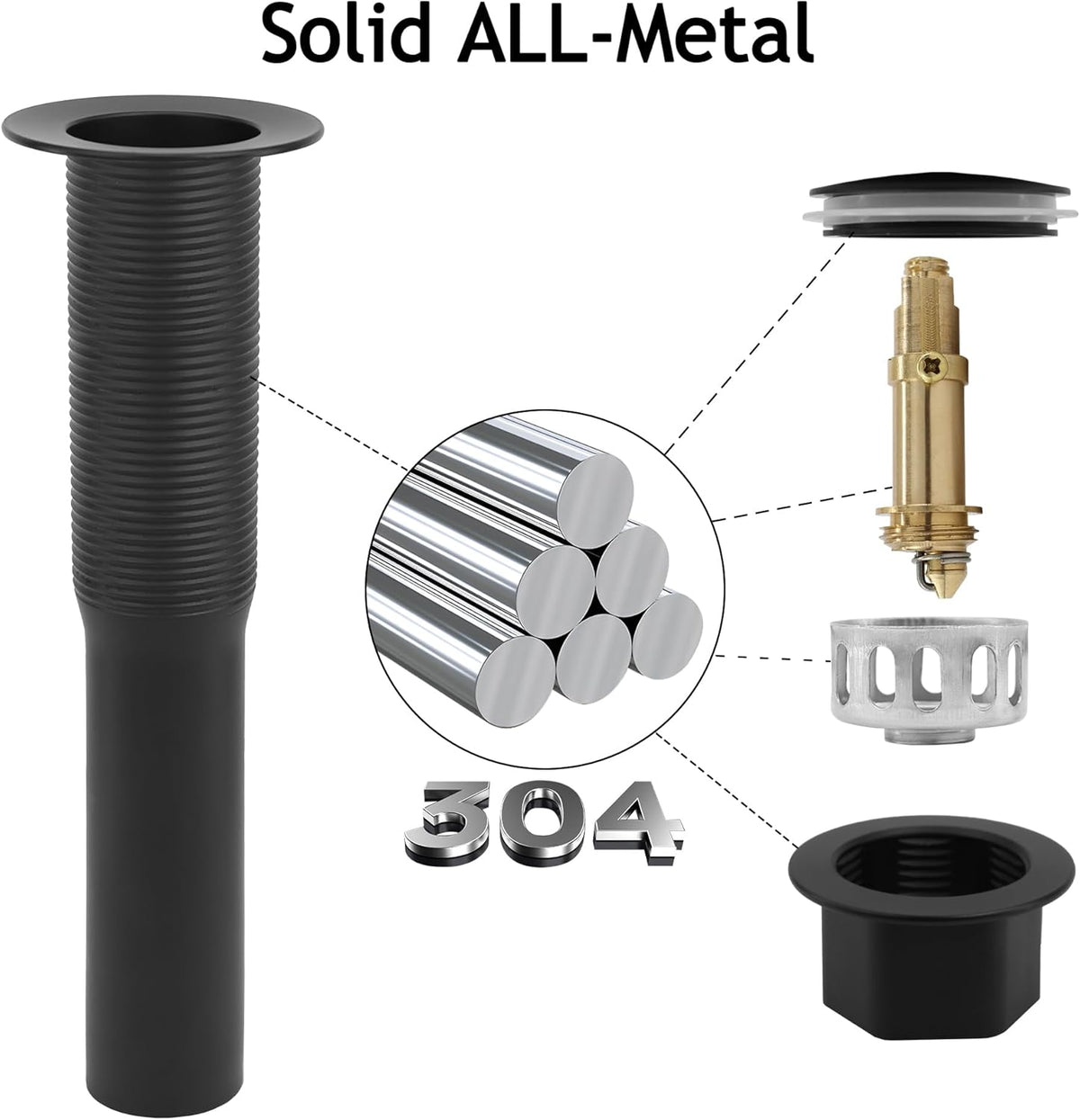 Bathroom Sink Drain,5 Pack Matte Black Drain Stopper Without Overflow,Small Cap Pop Up Drain Assembly with Detachable Strainer Basket,Built-in Anti-Clogging, Stainless Steel Nut